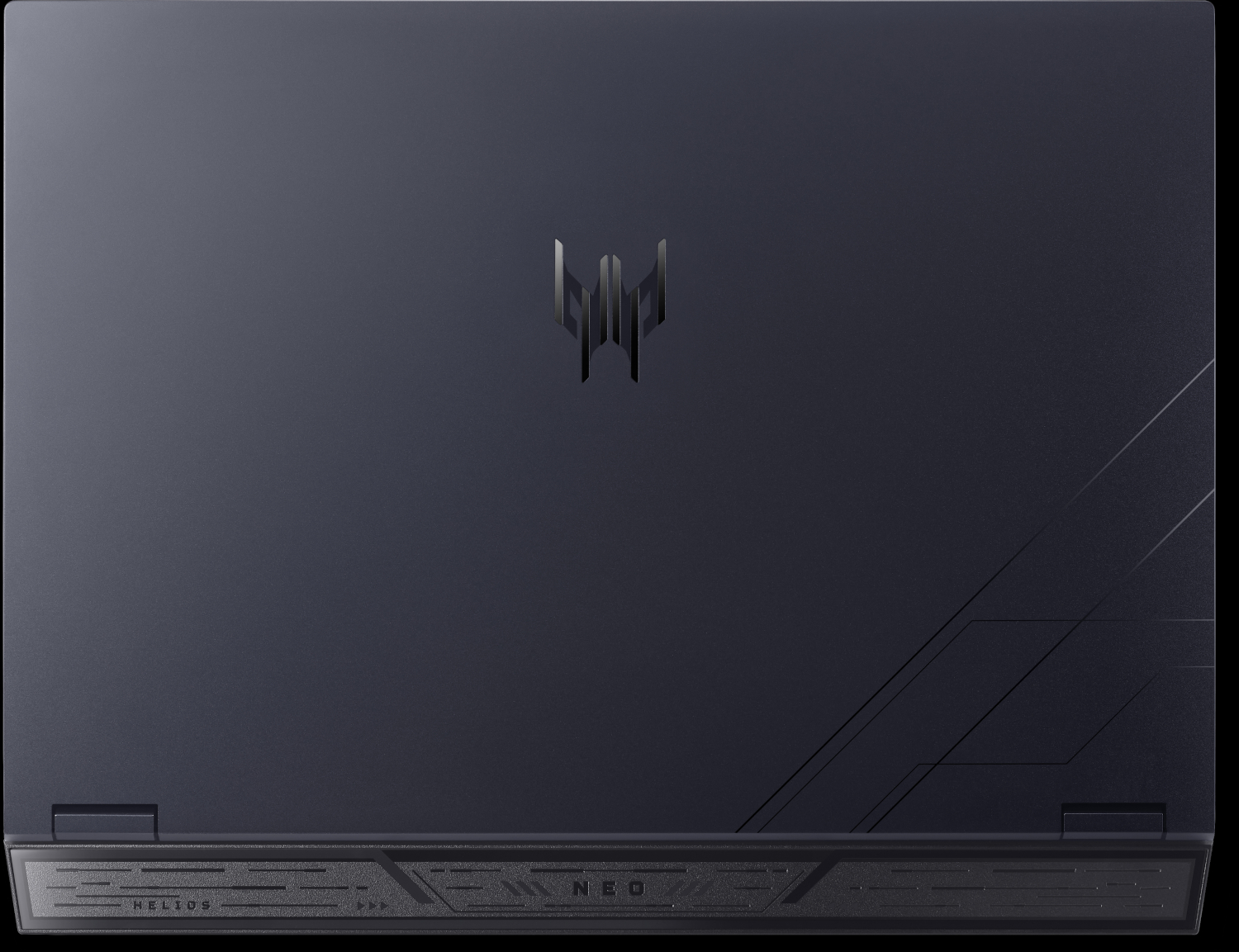 Dark gray laptop lid. Predator logo at the top. 'Helios' and 'NEO' text at the bottom. Geometric design elements.