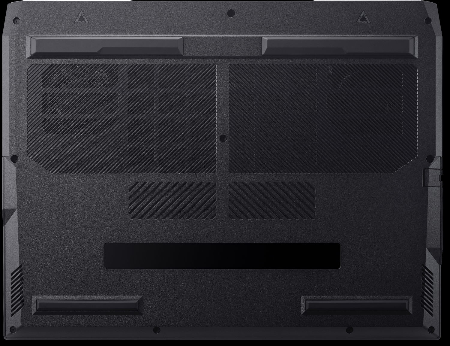 The bottom of a black laptop. It has vents, a long rectangular opening, and various patterned surfaces for cooling and grip.