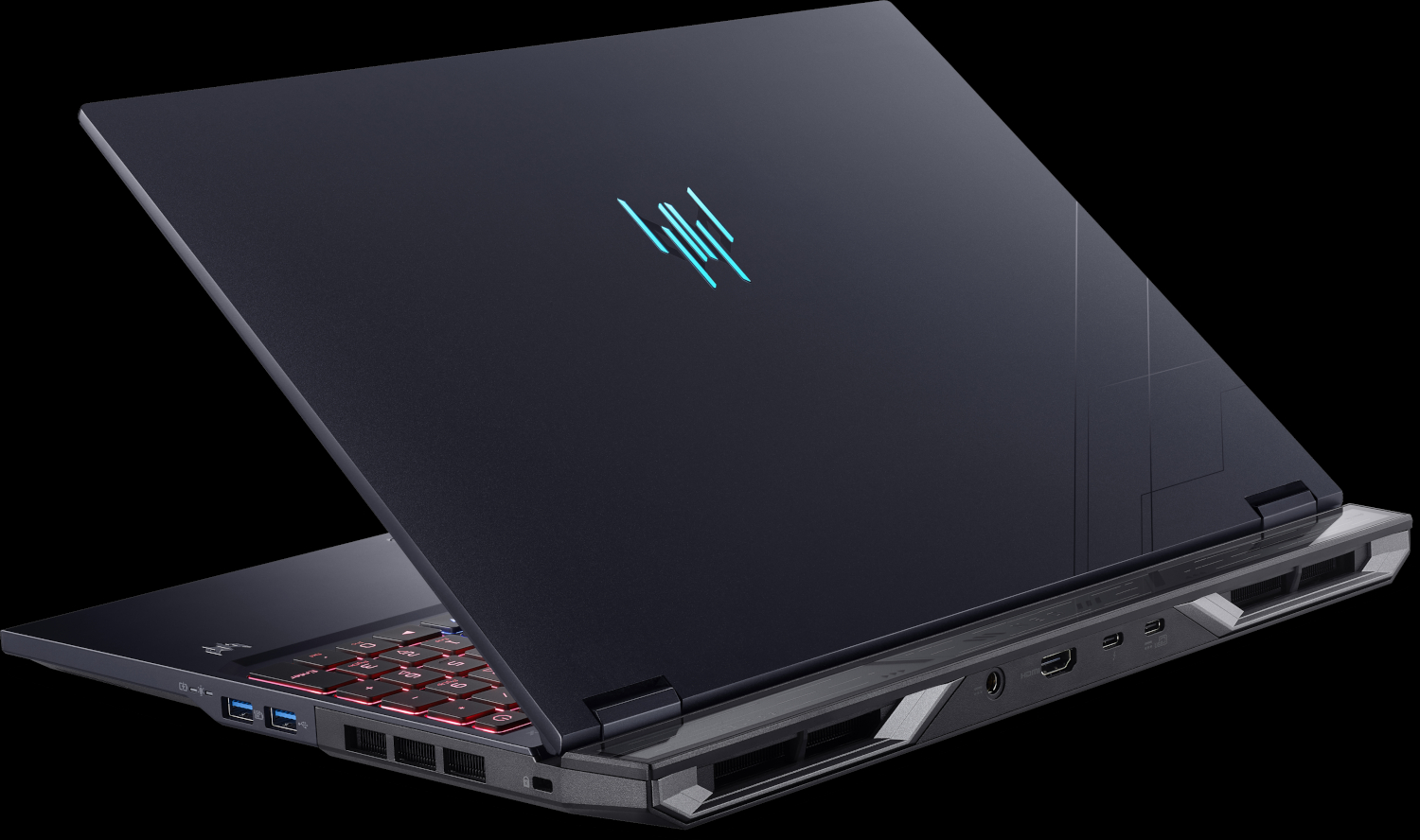 A dark blue laptop with a lit keyboard and logo. The screen is open, revealing the keyboard. The background is black.
