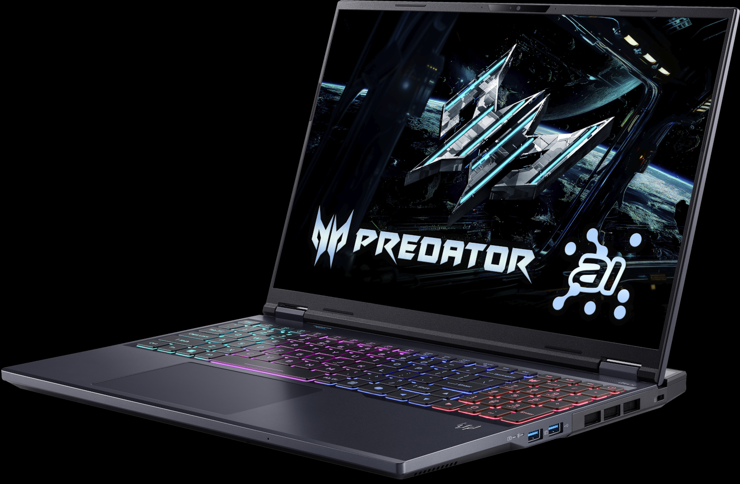 A Predator gaming laptop with an illuminated keyboard. The screen shows a spaceship scene. The laptop is on a black background.