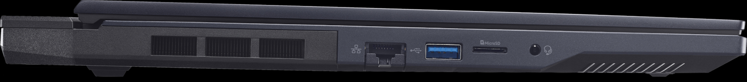 Side view of a dark gray laptop. Shows ports for USB, Ethernet, audio, and microSD card. Ventilation grilles present.