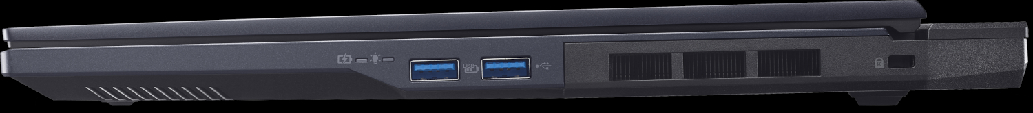Side view of a dark laptop. Shows ports, vents, and a security lock slot. Black background.