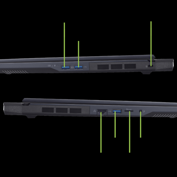 Side view of a black laptop showing ports including USB, Ethernet, and audio. Green lines point to each port.