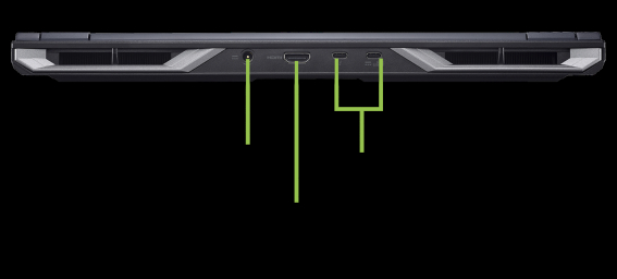 Laptop's rear view. Ports include power, HDMI, USB-C, and USB-A. Green lines indicate each port. Black background.