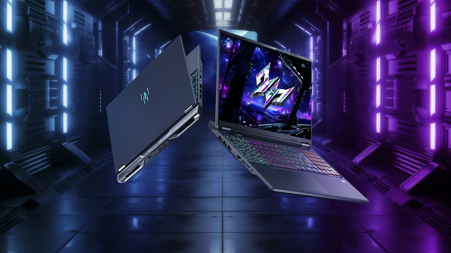 Two laptops. One open, showing a logo and colorful keyboard. Dark blue metal finish. Futuristic, neon-lit background.