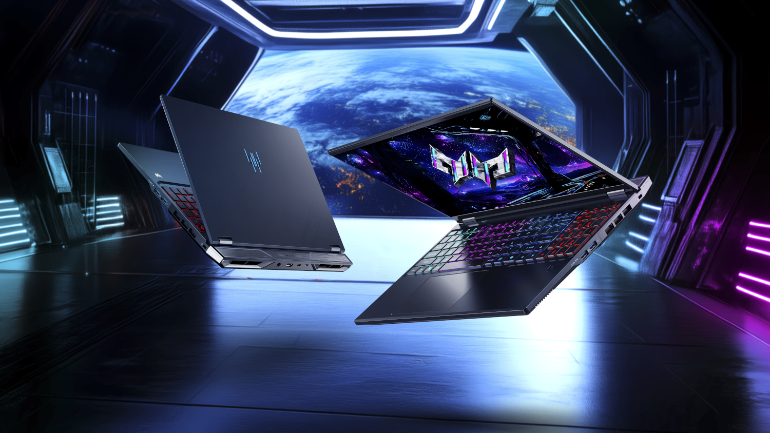 Two futuristic laptops floating in space-themed environment. One is open, showing a colorful keyboard and screen. Background is Earth.