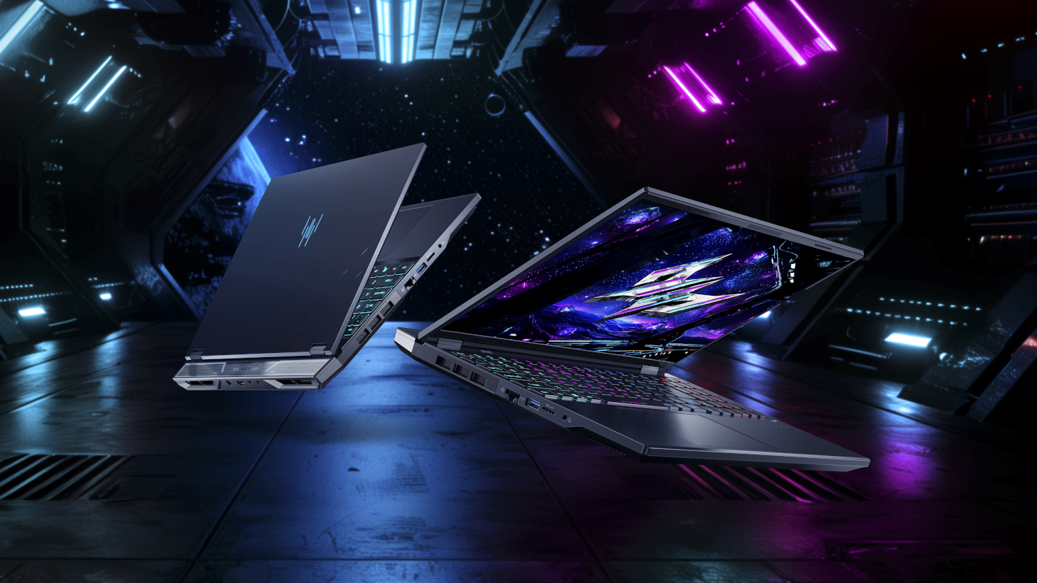 Two dark laptops hover in a futuristic setting. One is closed, the other open, displaying a space-themed screen.