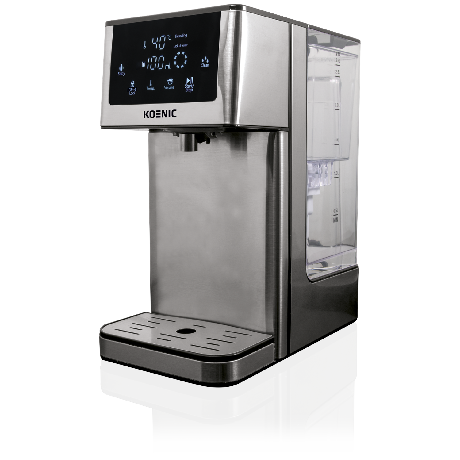 Een roestvrijstalen Koenic waterdispenser met een digitaal display dat de temperatuur en het volume weergeeft. Het heeft een waterreservoir en een lekbak.