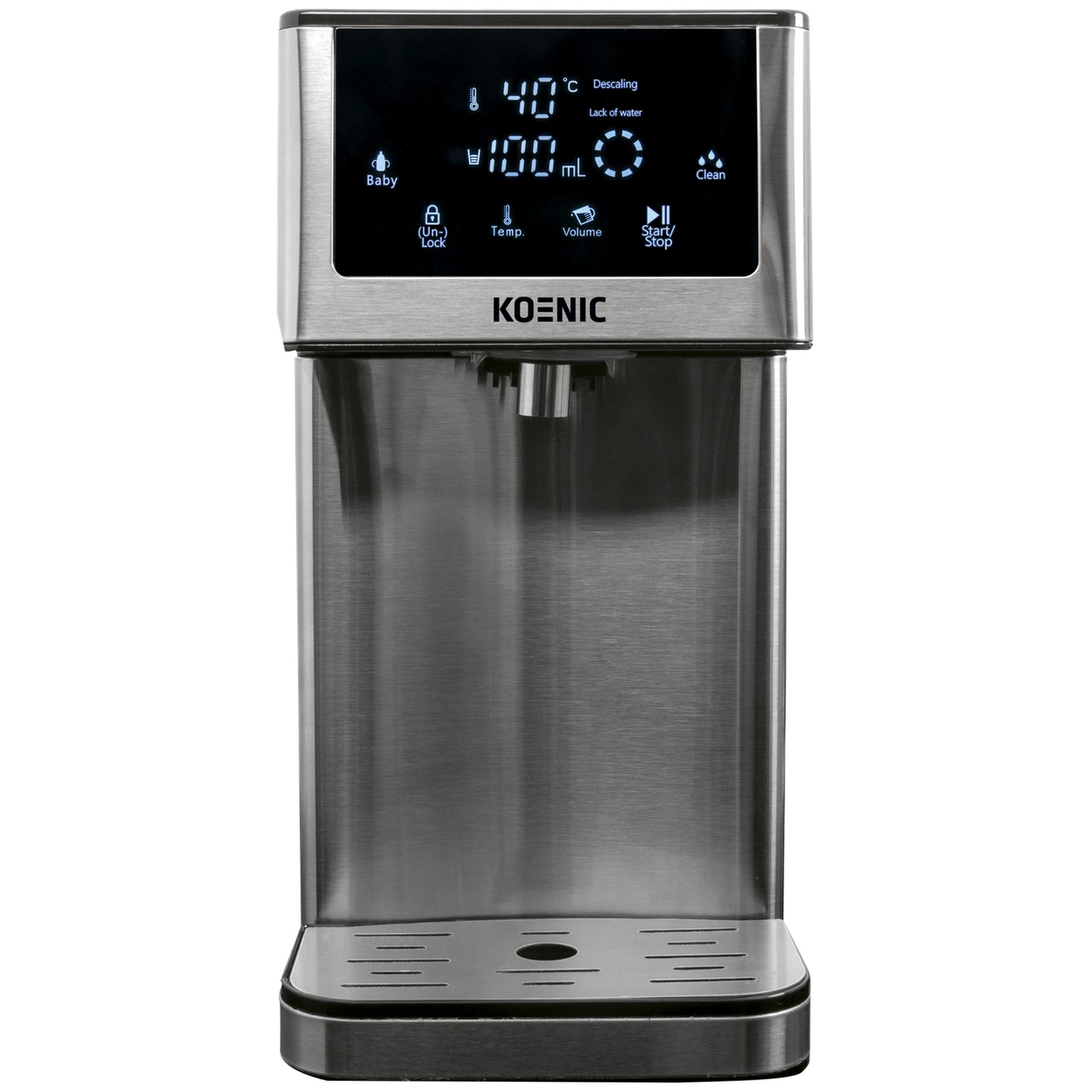 Een zilveren Koenic waterkoker met een digitaal display met temperatuur- en volume-instellingen en diverse functieknoppen.
