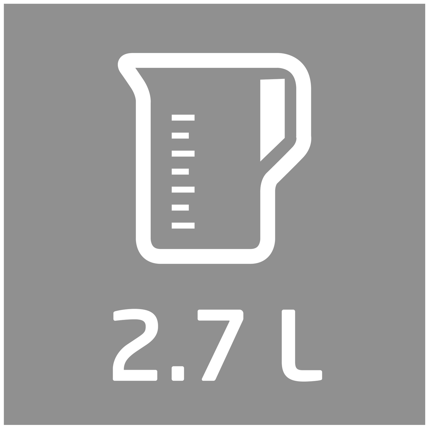 Een wit pictogram van een maatbeker met 2,7 L tekst op een grijze achtergrond.