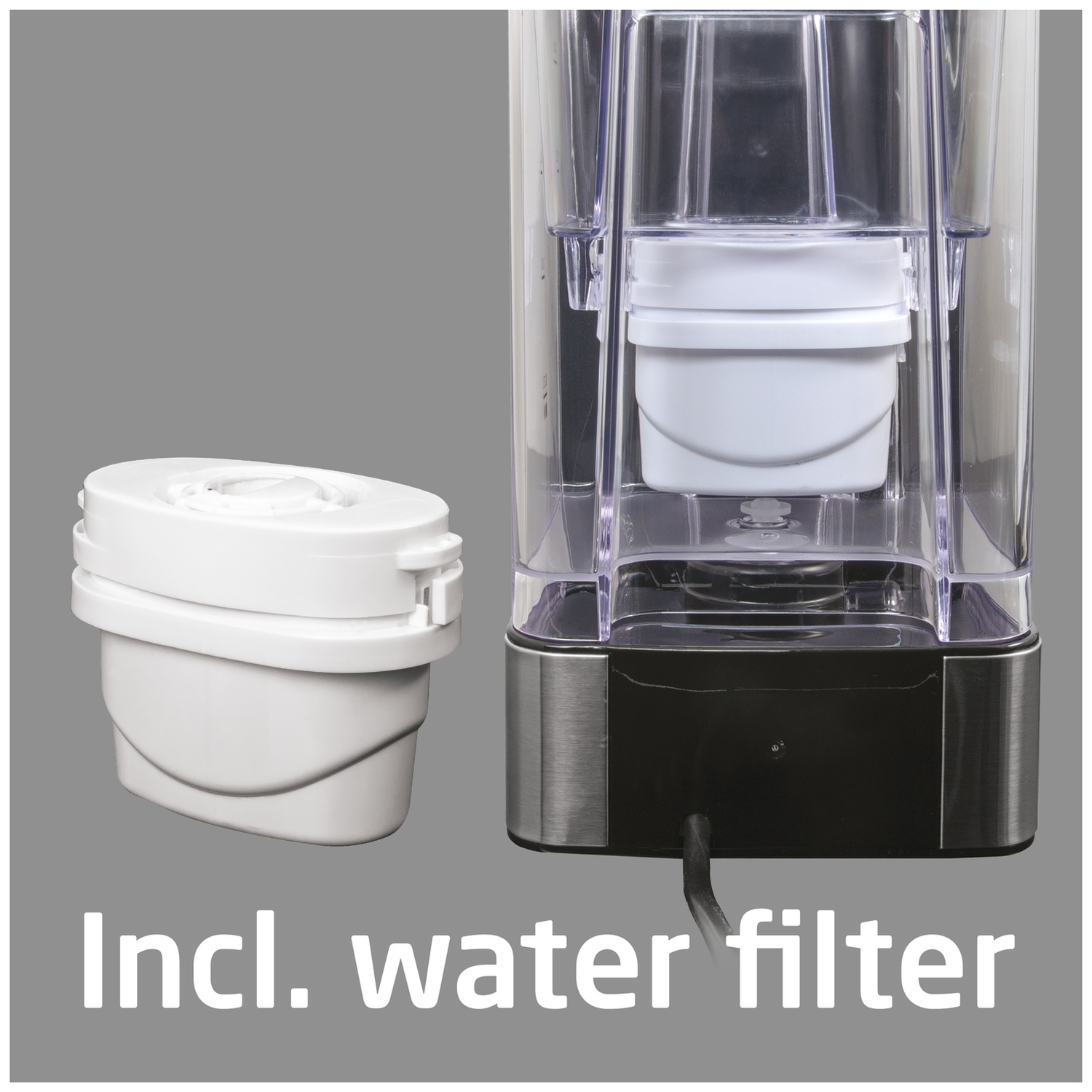 Afbeelding toont waterfilter en deel waterfiltermachine, beide wit. Tekst onderaan luidt: 'Incl. waterfilter'.