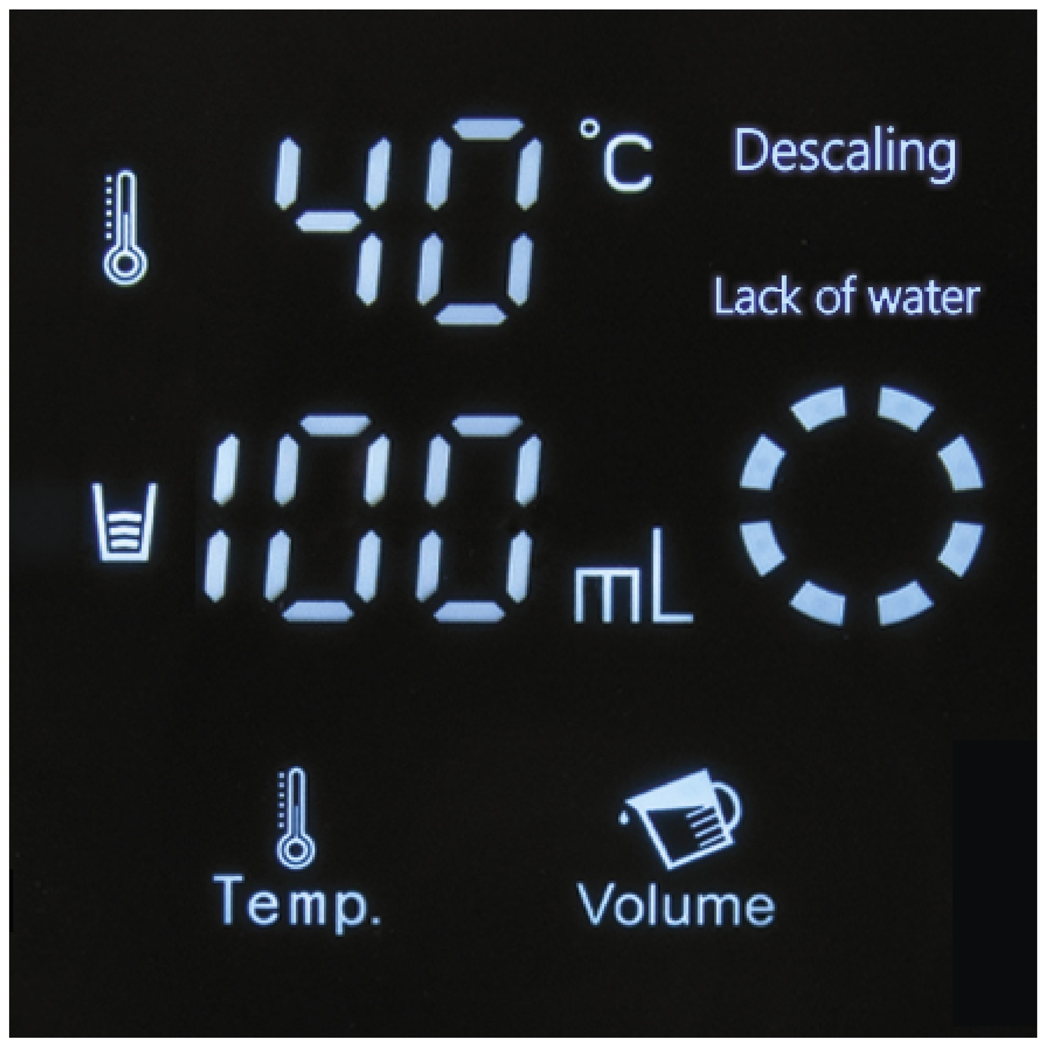 Zwart scherm toont 40°C, 100 ml en pictogrammen voor temperatuur, volume en ontkalken. Tekst geeft watergebrek aan.