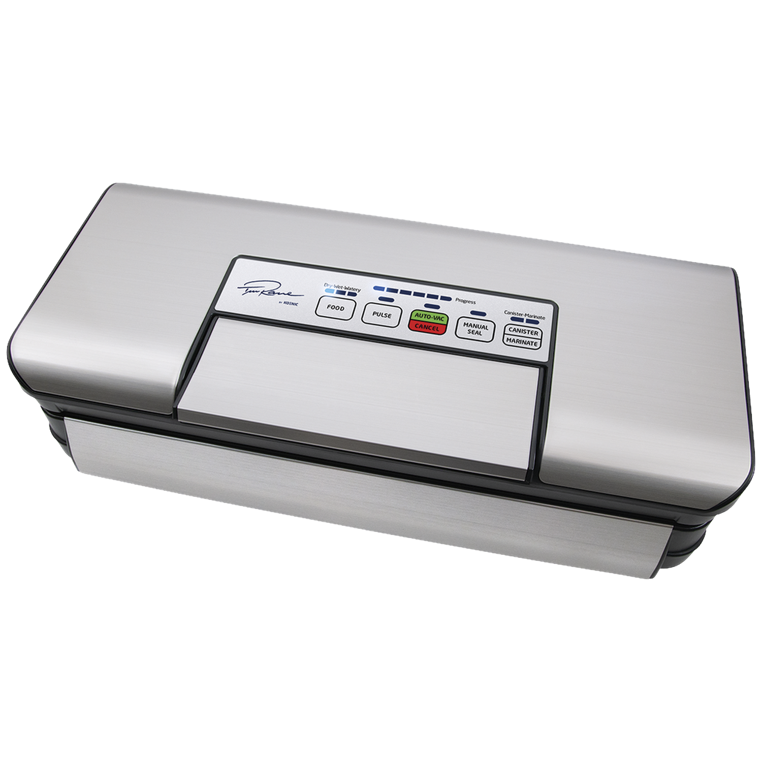 Een zilveren vacuümsealer met zwarte accenten en een bedieningspaneel. Knoppen zijn onder meer Food, Pulse, Auto-Vac, Cancel, Manual Seal en Marinate.