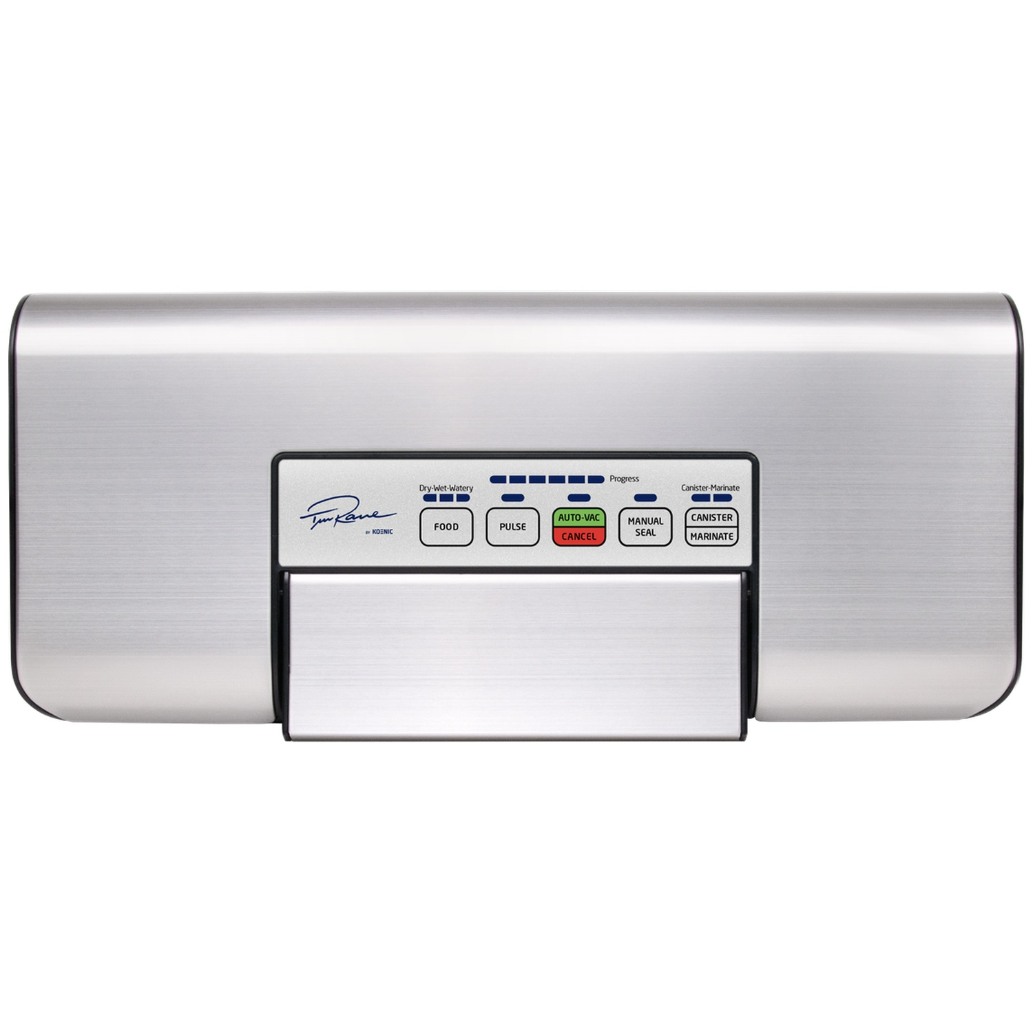 Een zilveren vacuümsealer met knoppen met de labels 'Food', 'Pulse', 'Auto-Vac', 'Manual Seal' en 'Canister Marinate'.