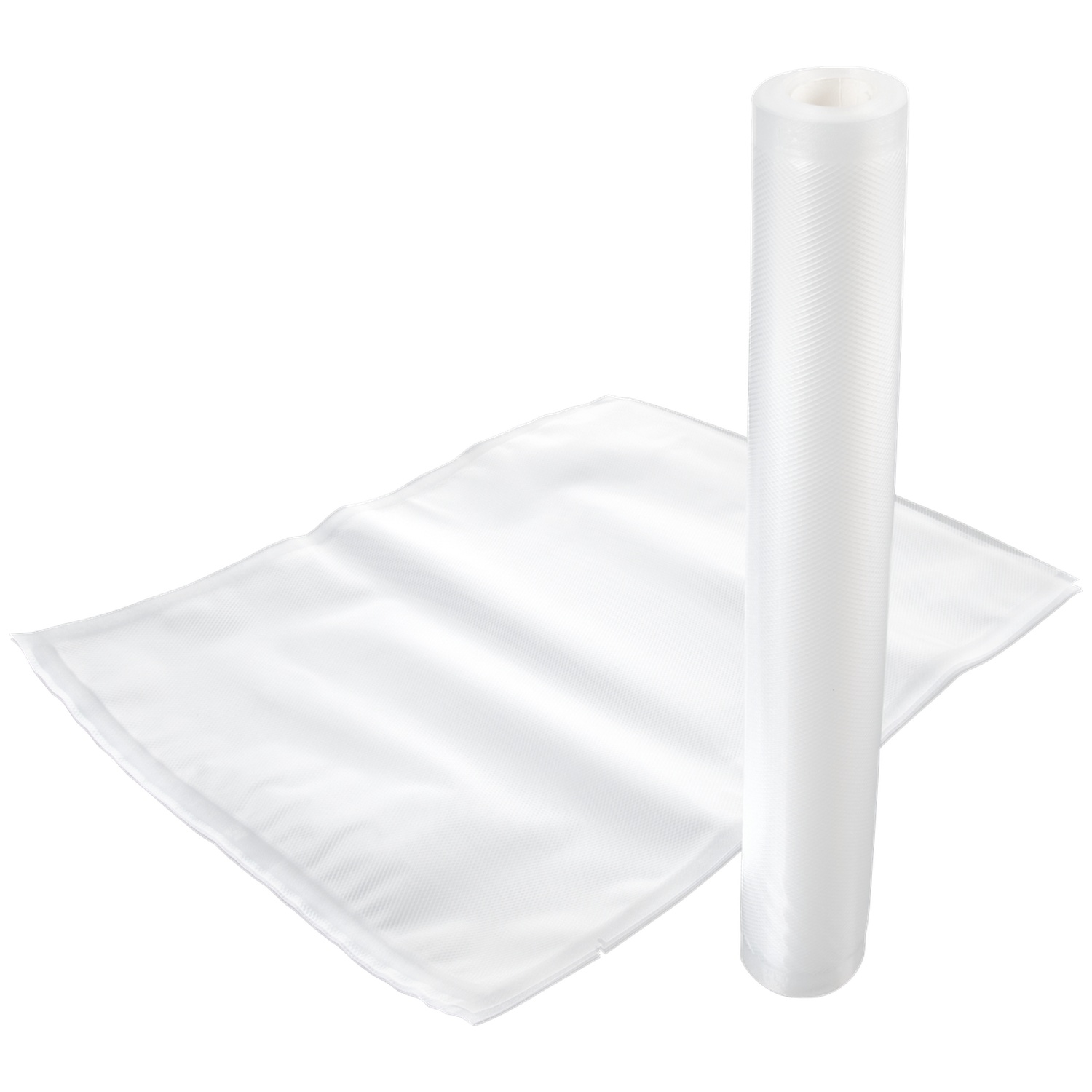 Een witte vacuümsealerrol en een platte zak liggen op een wit oppervlak. De rol staat rechtop, de zak ligt plat.