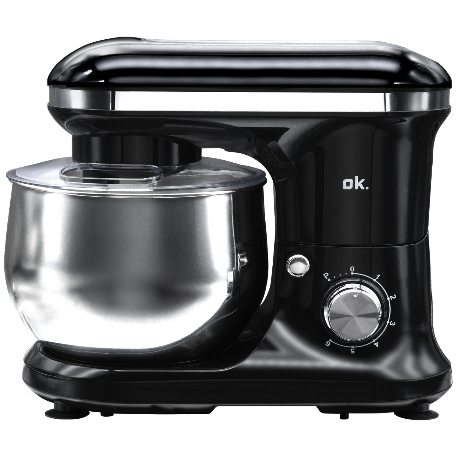 A black stand mixer with a stainless steel bowl. It has a dial with numbers and the brand name 'ok.' on the side.