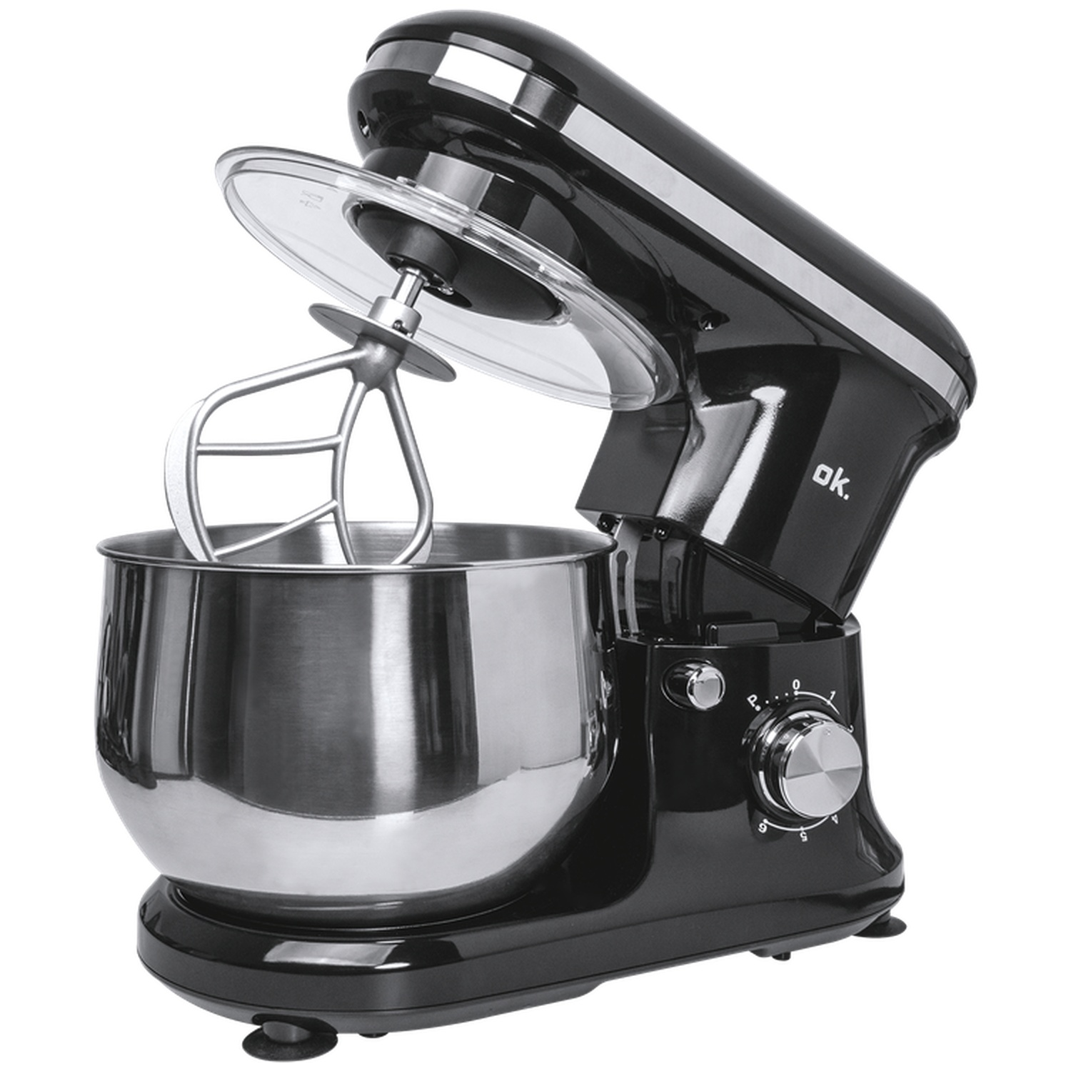 A black stand mixer with a stainless steel bowl and attachments. It has a clear splash guard and a dial for speed control.