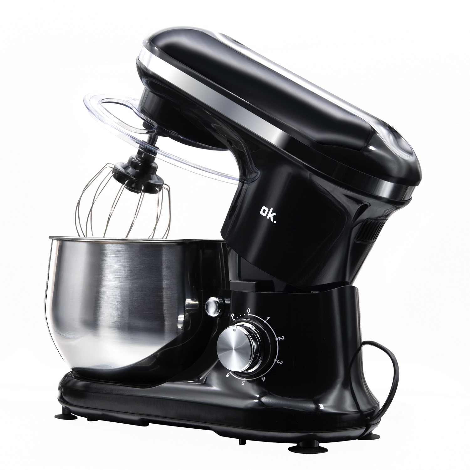 A black stand mixer with a stainless steel bowl and a whisk attachment is on a white background. The mixer has a shiny finish.