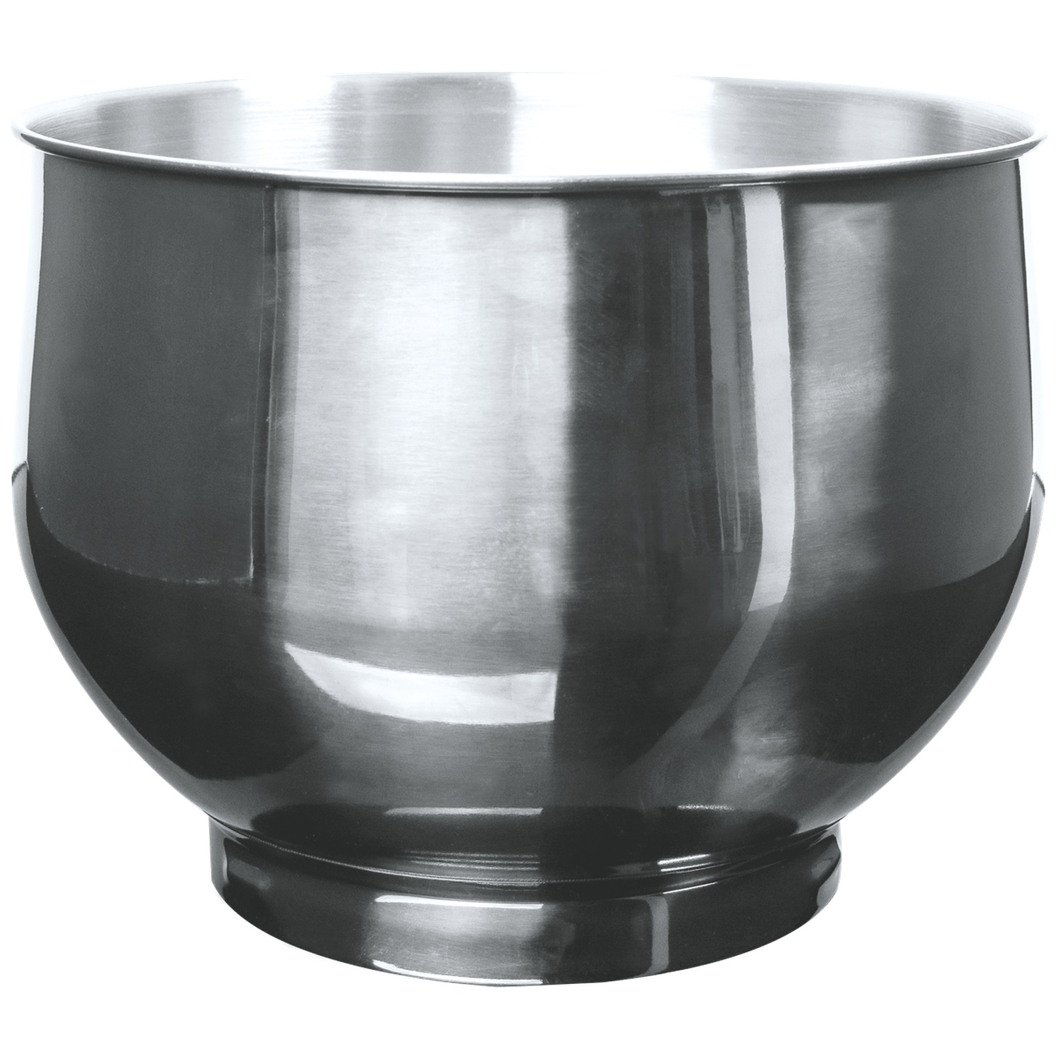 A stainless steel mixing bowl, large and rounded, with a polished surface. It sits on a black base, isolated on white background.