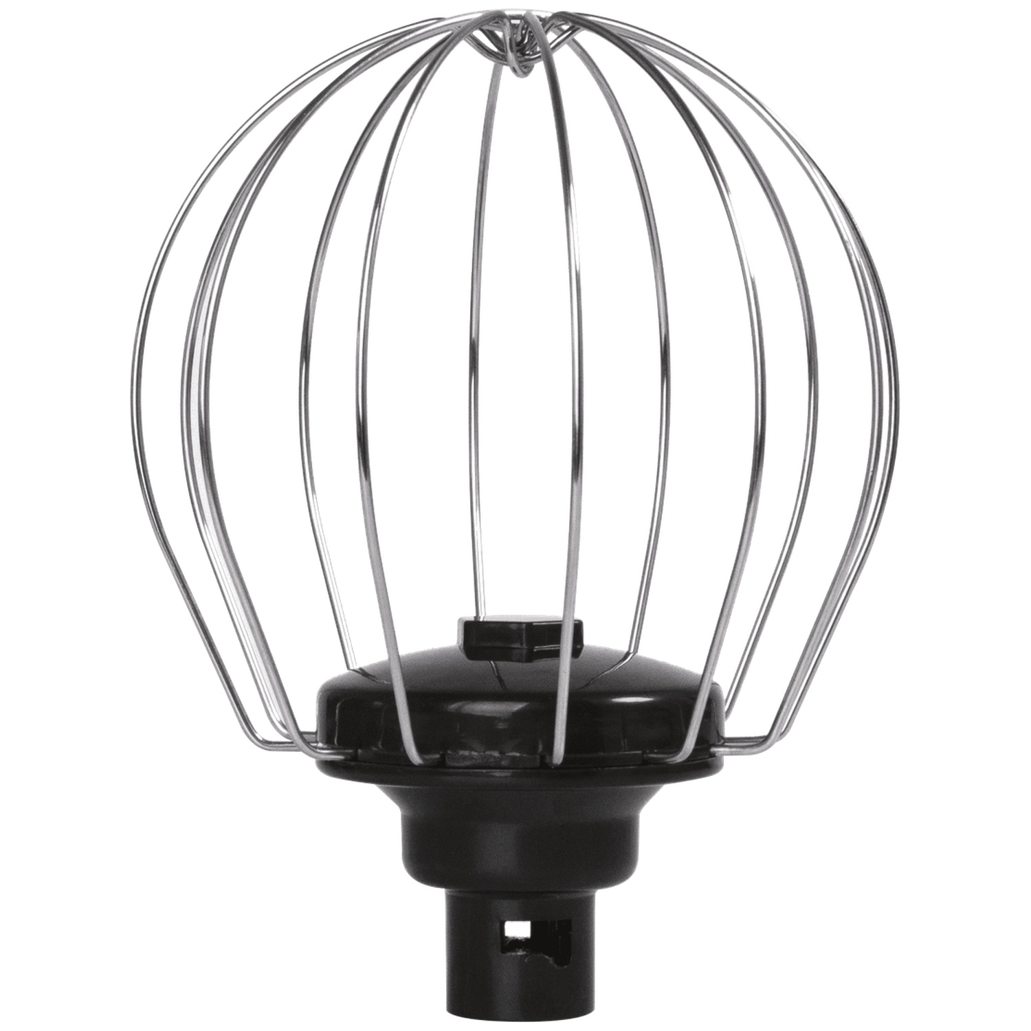 A stainless steel whisk head with a black plastic base. The whisk has a cage-like design, and it is on a white background.