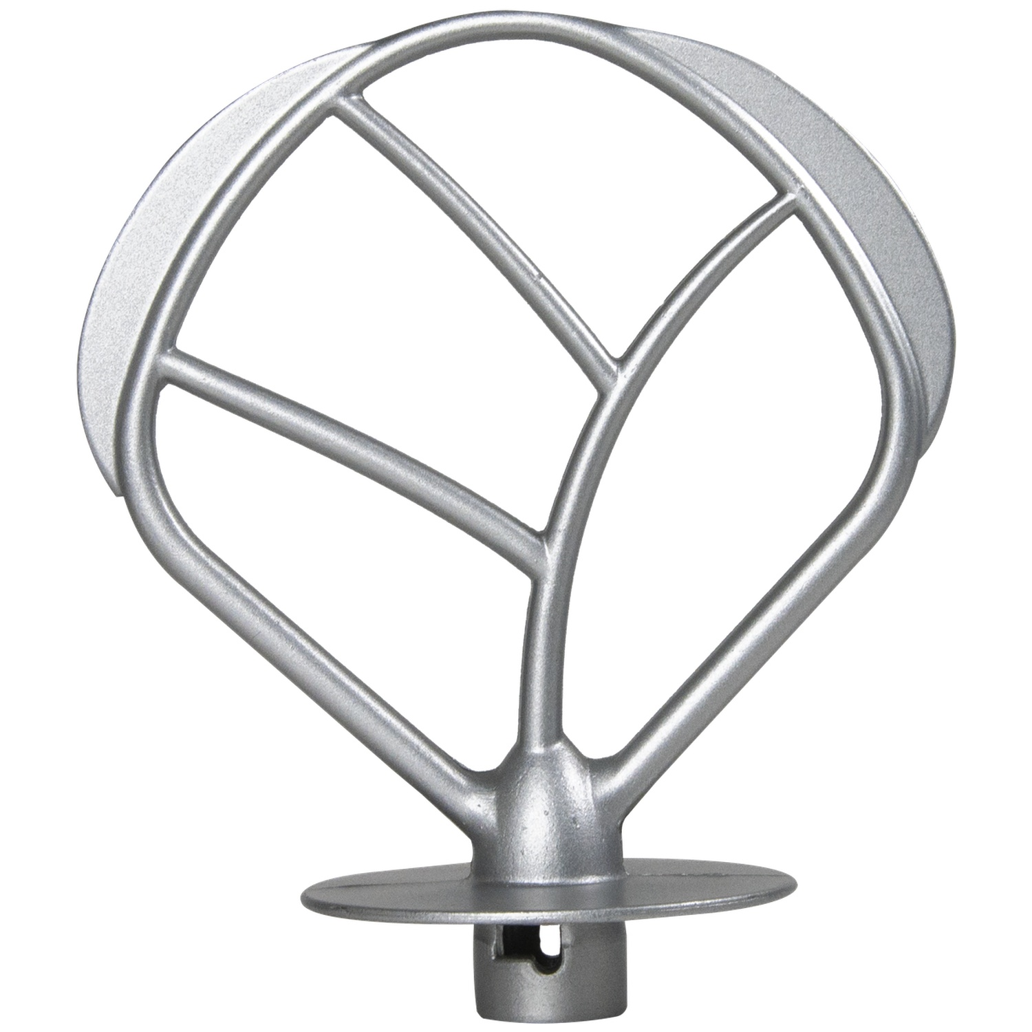 A silver metal mixer attachment. It has a cage-like structure with curved edges and a base for attaching to a mixer.