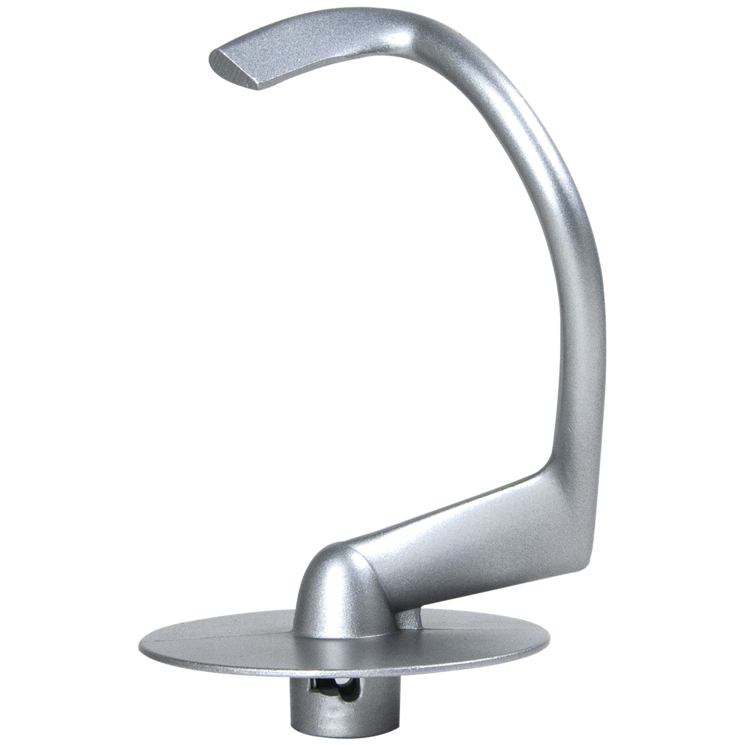 A silver-colored kitchen appliance attachment, curved with a flat base. It has a hook-like shape and is isolated on a white background.