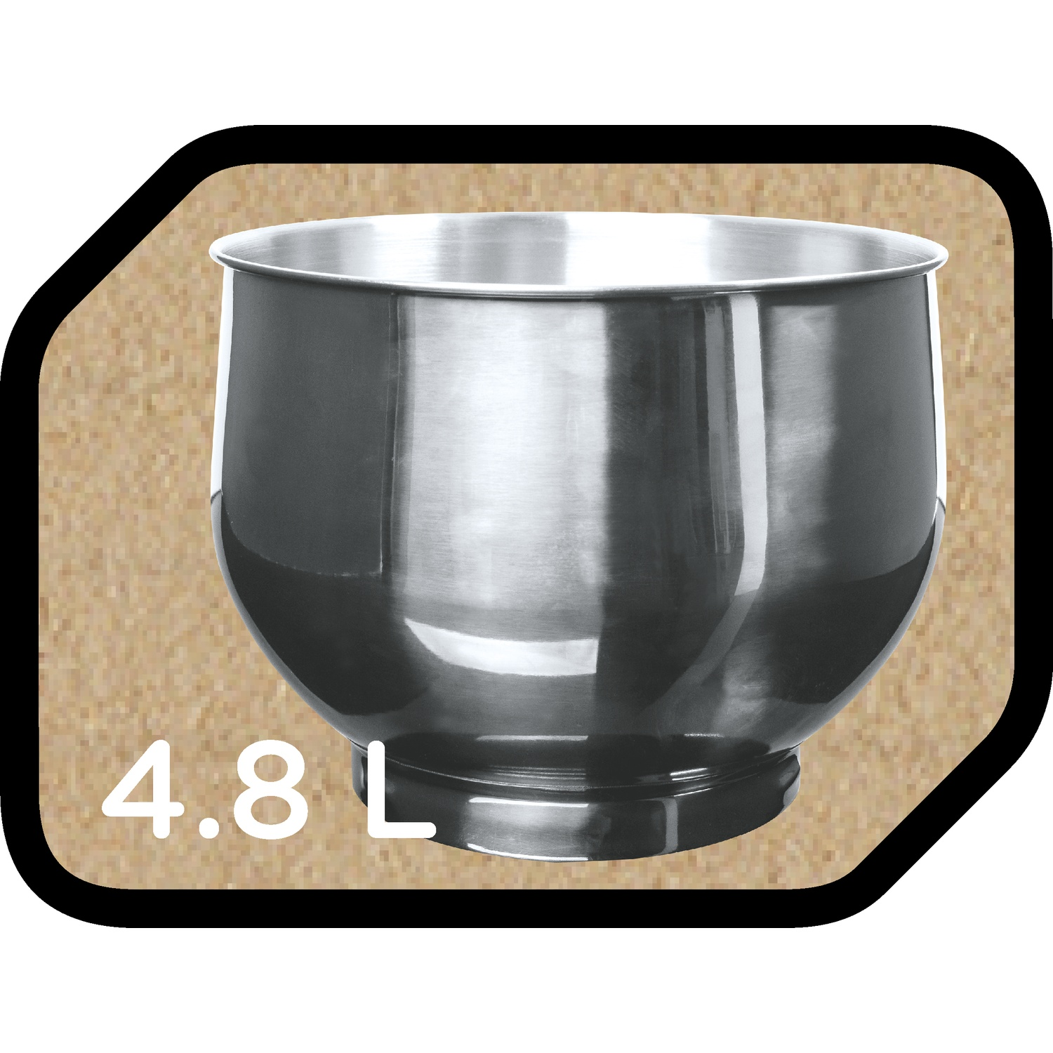 A stainless steel mixing bowl on a beige background with a black border. The text '4.8 L' is visible at the bottom.
