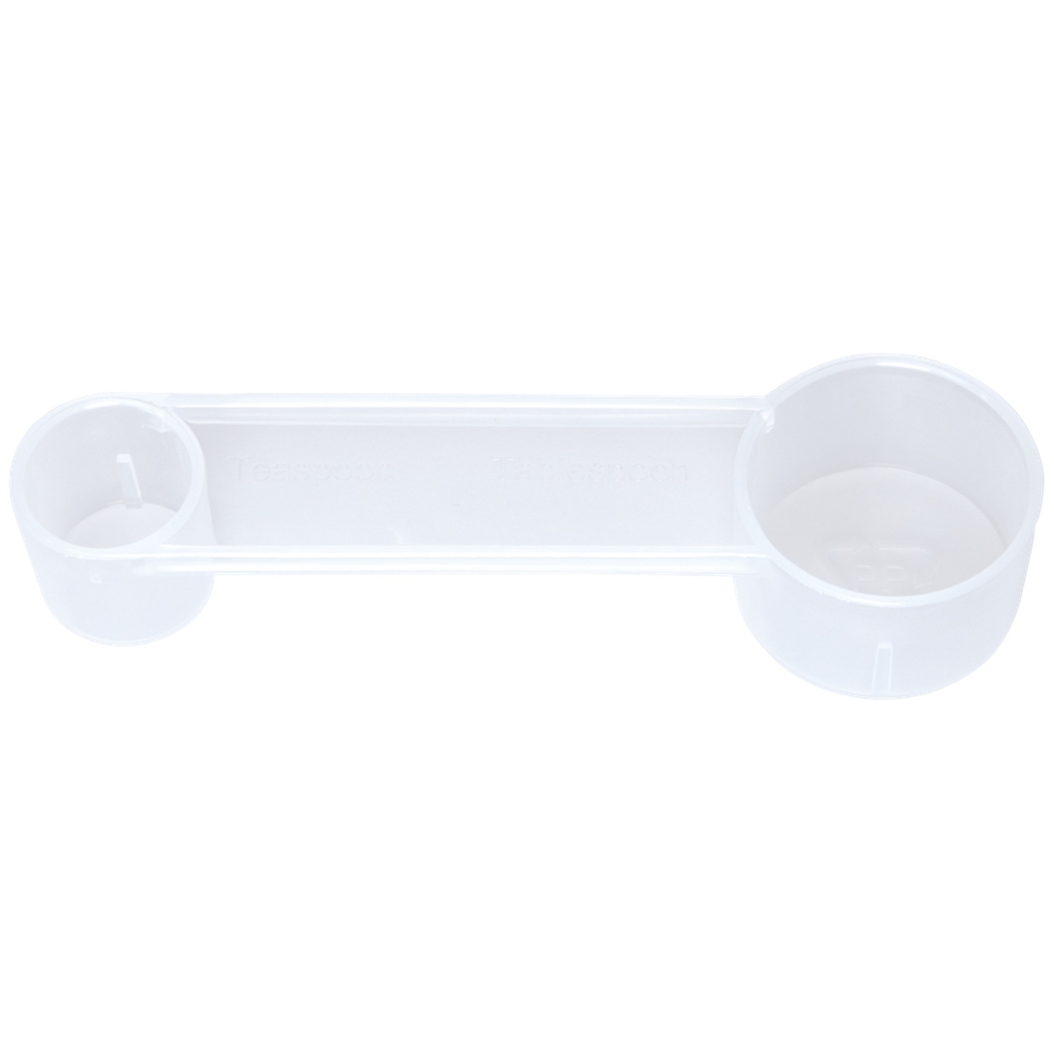 Une cuillère doseuse double en plastique blanc. Un côté mesure 1/2 cuillère à café, l'autre 1 cuillère à soupe. Le fond est blanc.