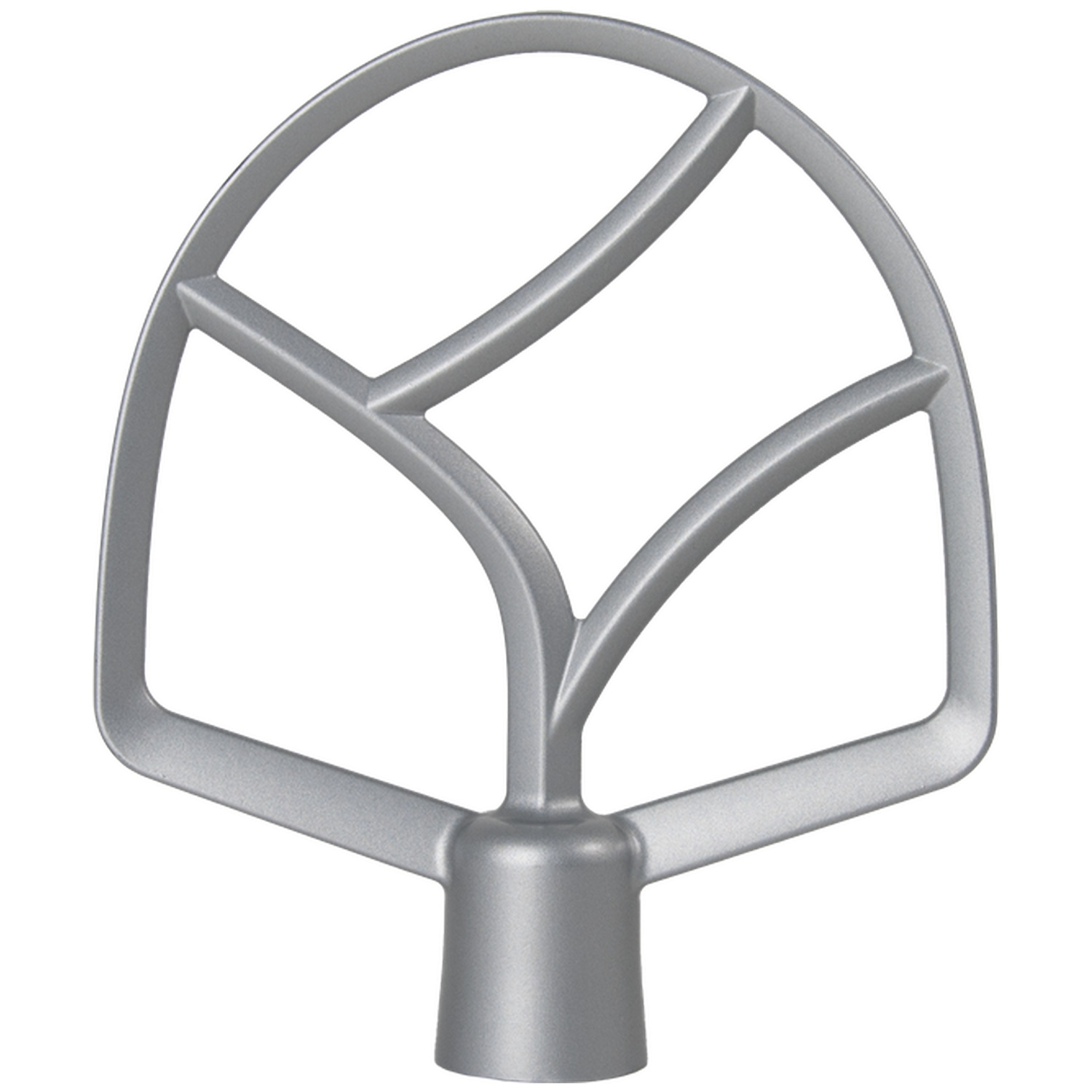 Een zilverkleurig mixeropzetstuk. Het heeft een gebogen, open ontwerp met een steel aan de onderkant. Het staat op een witte achtergrond.
