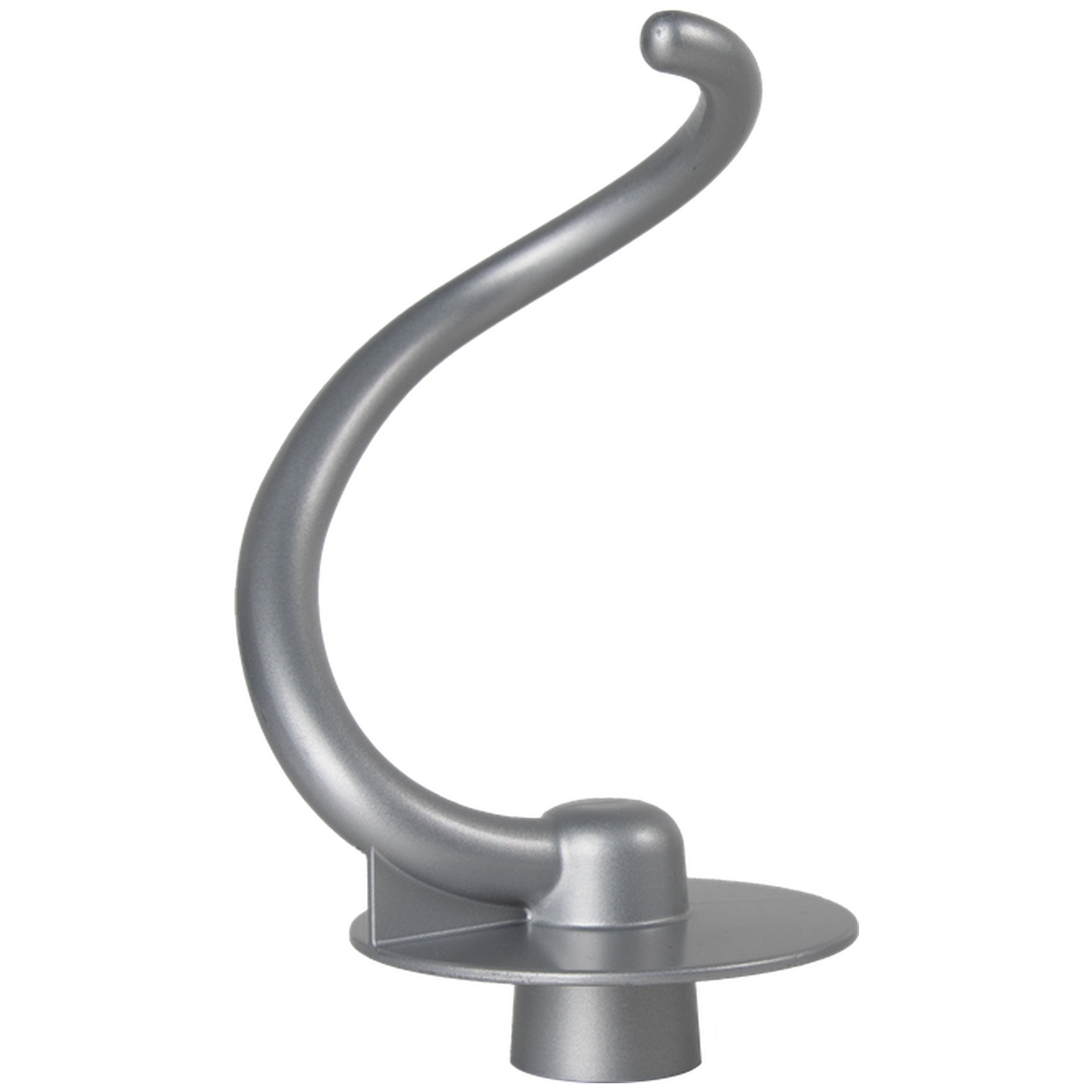 Een zilverkleurige deeghaak voor een mixer, gebogen met een haak aan de bovenkant en een cirkelvormige basis.