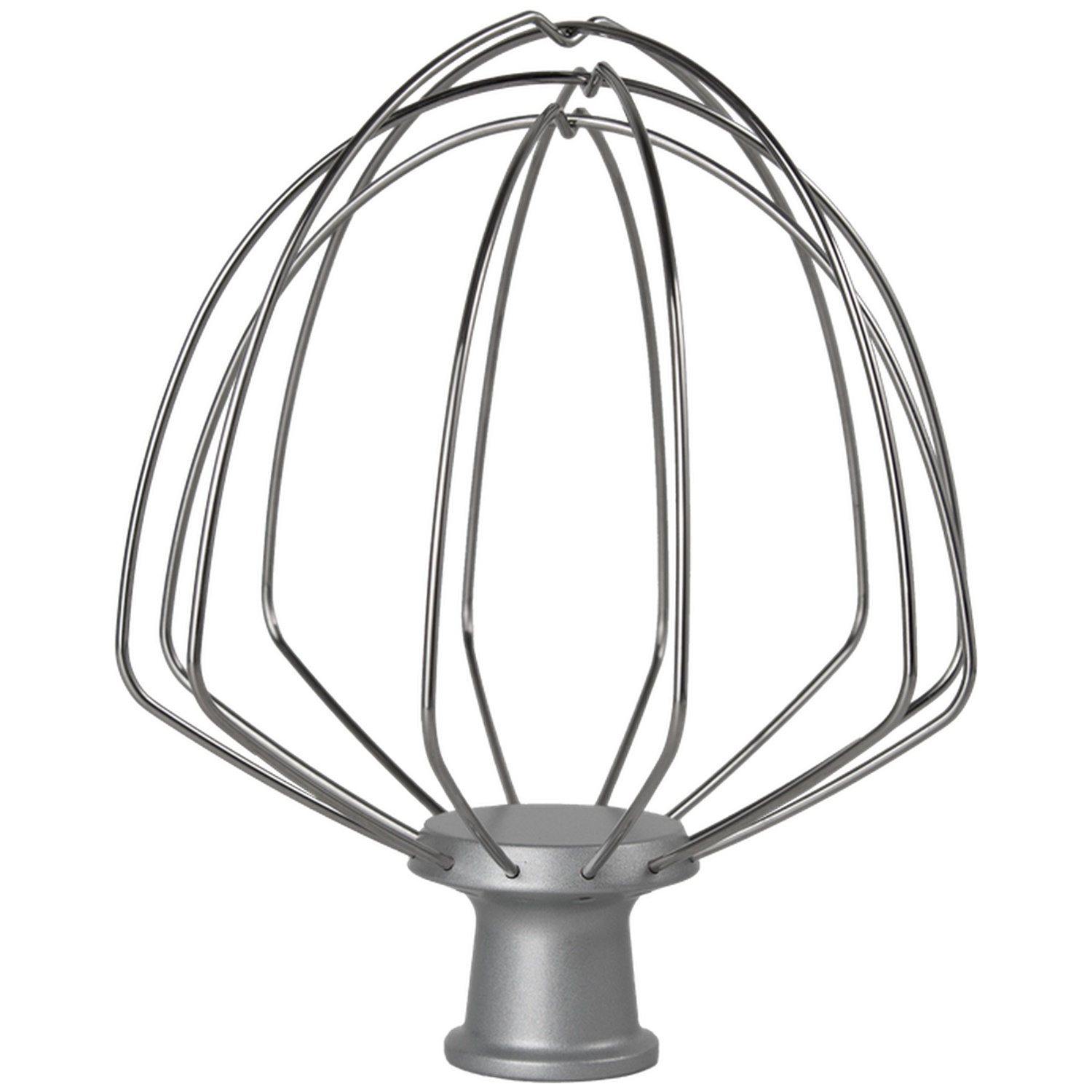 Een garde voor een standmixer. Het heeft een zilveren metalen basis en vele gebogen draden die een koepel vormen.
