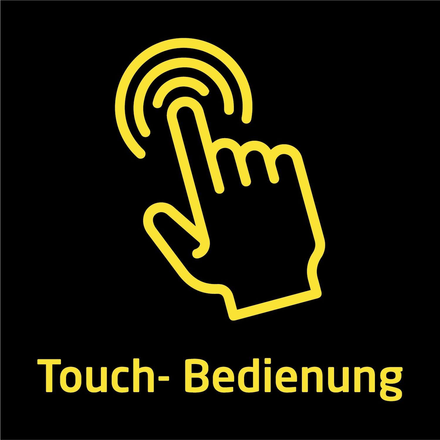 Geel hand-icoon dat cirkels hierboven aanraakt, op zwarte achtergrond. Tekst hieronder luidt 'Touch- Bedienung'.