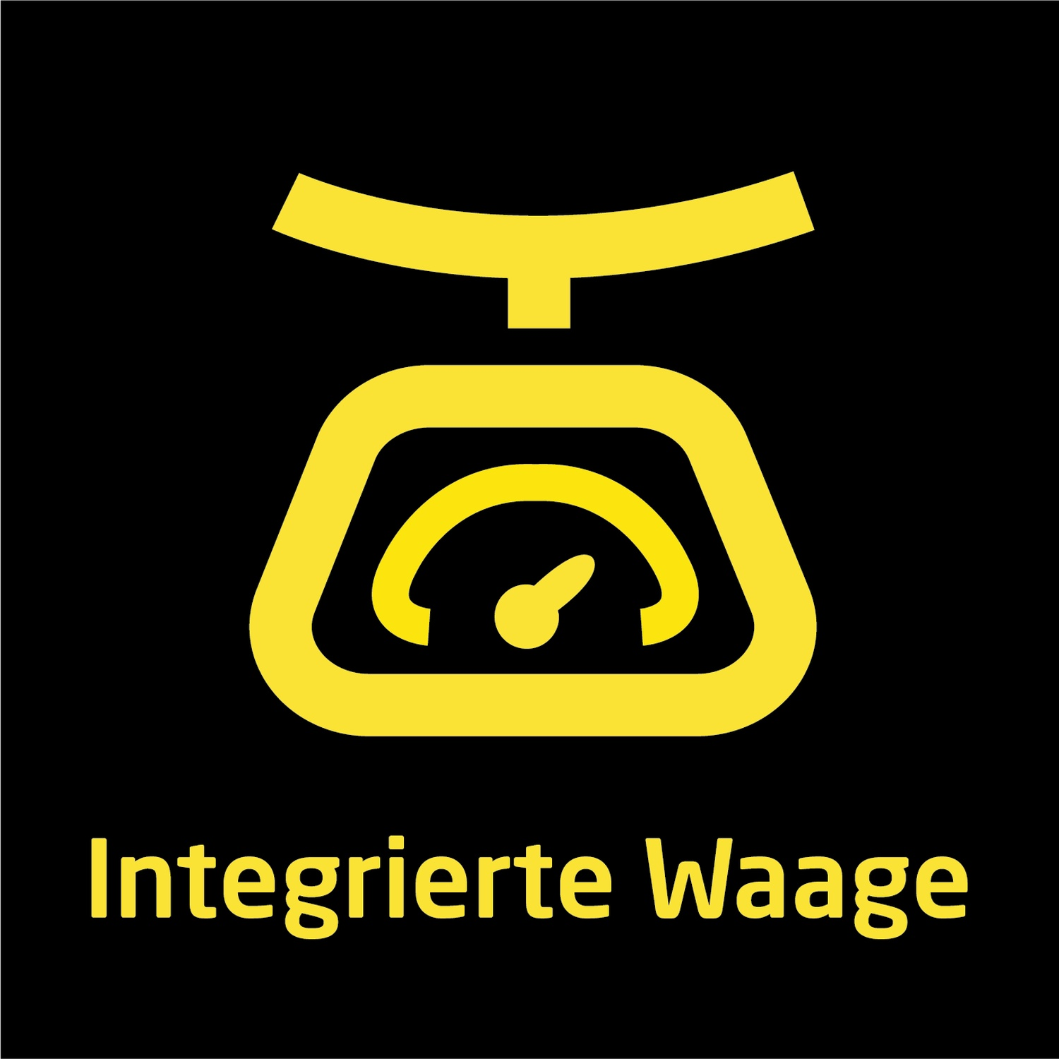 Geel weegschaal-icoon op zwarte achtergrond. Tekst luidt 'Integrierte Waage'.