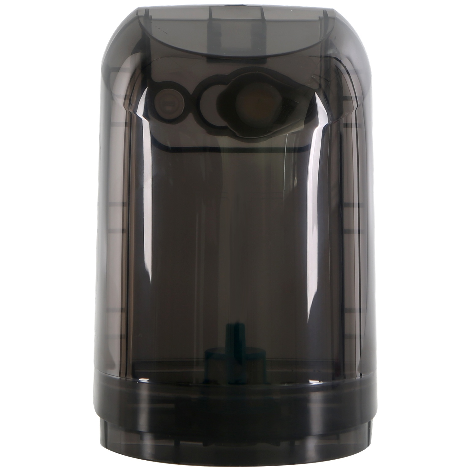 Een doorschijnende, donkergrijze plastic container. Het heeft een cilindrisch lichaam met een afgeronde bovenkant en een donkerdere basis. Witte achtergrond.