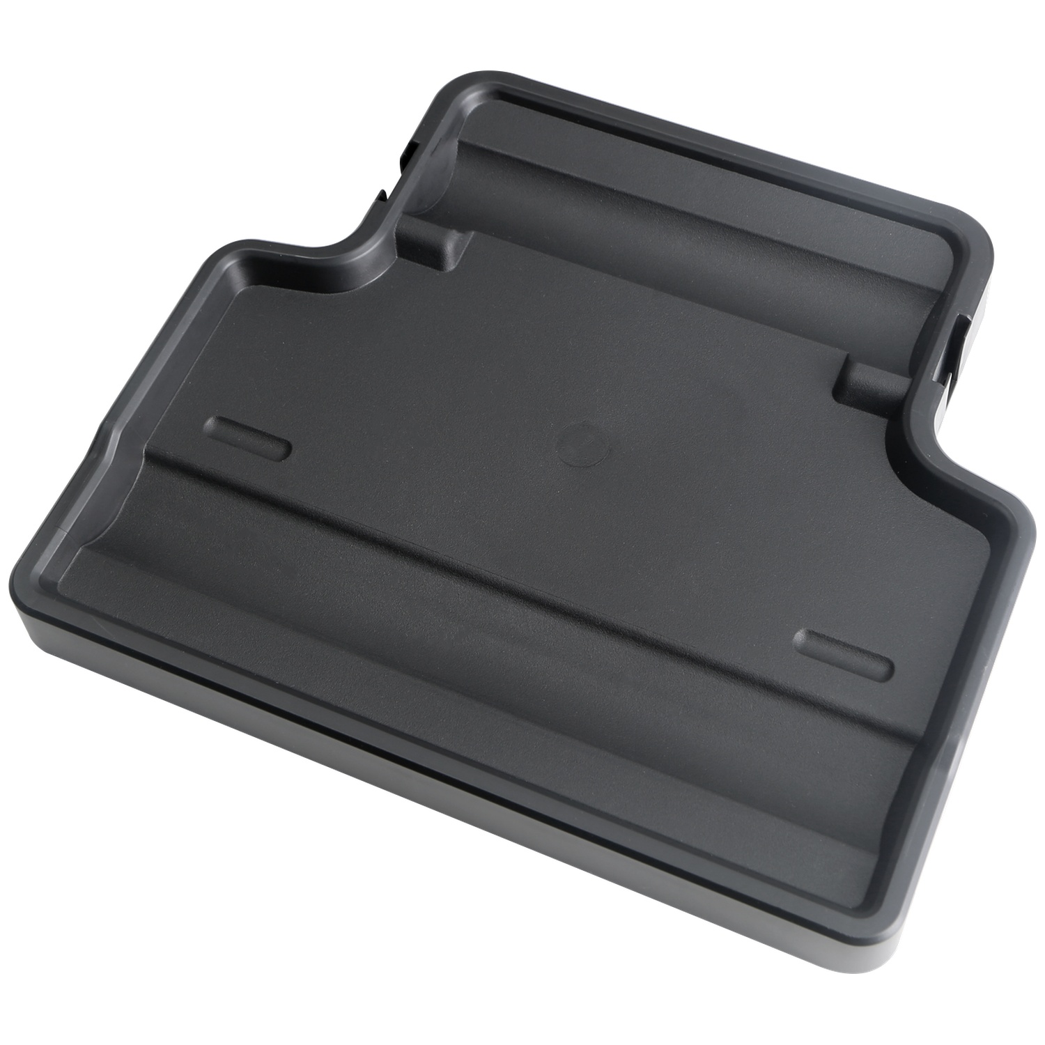 Een zwarte plastic bak met een verzonken gedeelte en verschillende compartimenten. Het staat op een witte achtergrond. De bak is leeg.