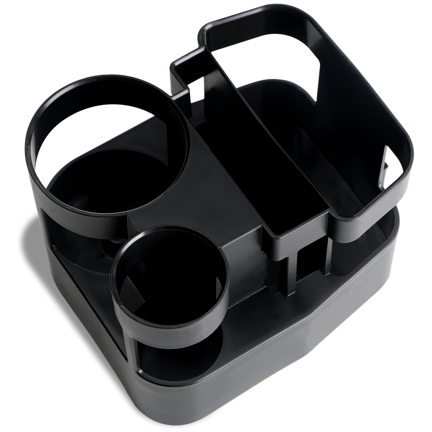 Een zwarte plastic auto-organizer. Het heeft bekerhouders en vakken voor opslag. Het staat op een witte achtergrond.