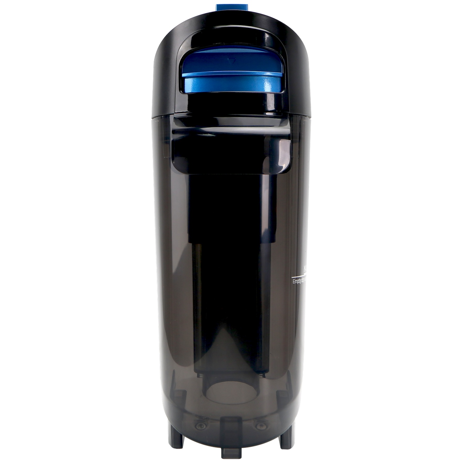 Een zwarte en transparante plastic container met een blauwe bovenkant. Het heeft een cilindrische vorm en staat tegen een witte achtergrond.