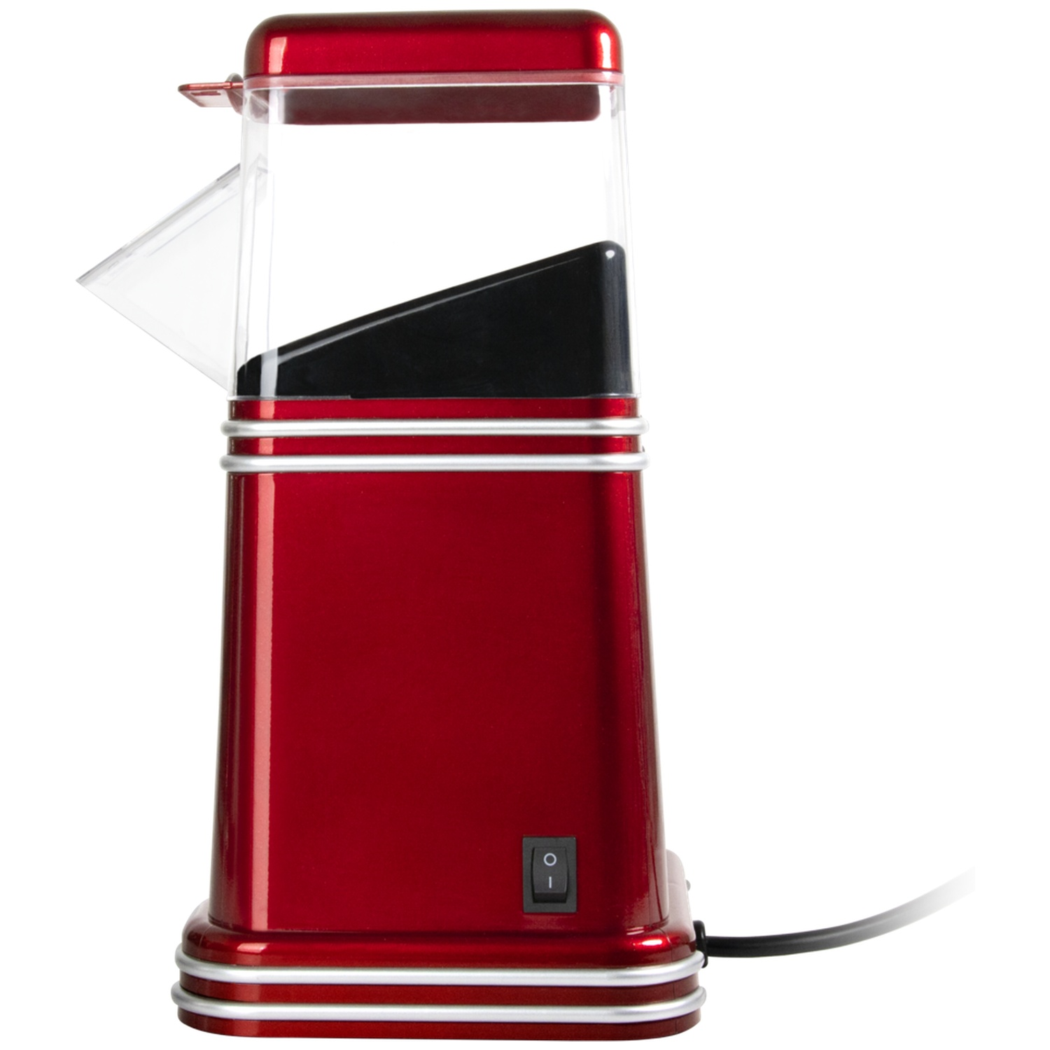 A red popcorn maker with a transparent top and a black interior. It has a power switch and a black cord. The background is white.