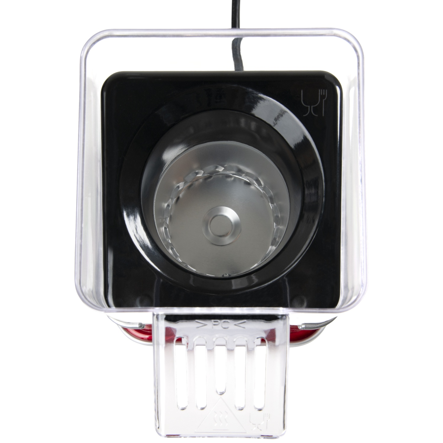 Top view of a black and transparent food processor. It has a square design with a clear plastic frame and a small detachable cup.