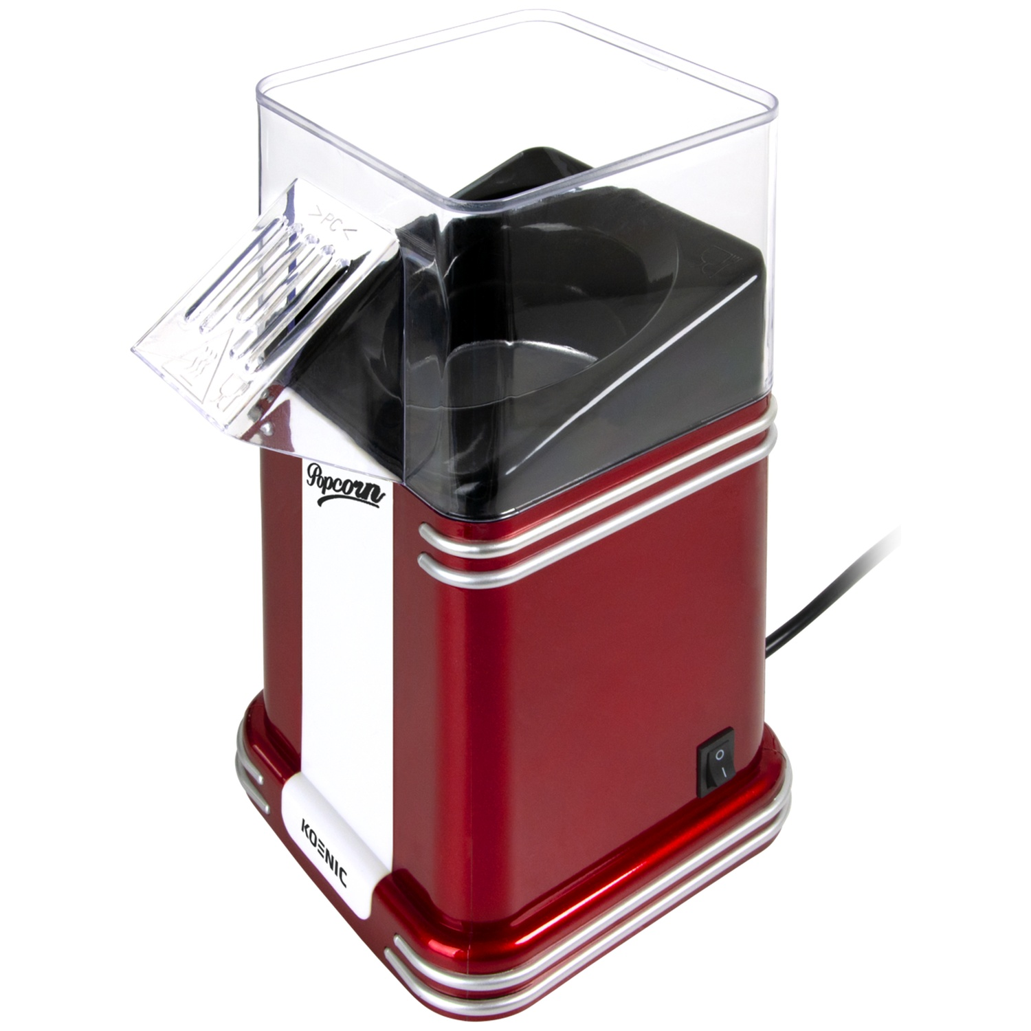 A red popcorn maker with a transparent top and chute. It has a white stripe with 'Popcorn' and 'KOENIC' branding.