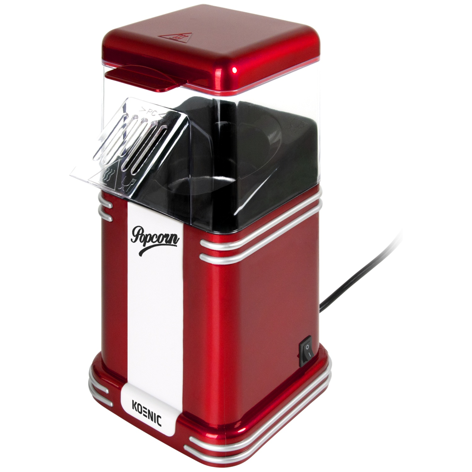 Red and silver Koenic popcorn maker. It has a transparent top, a white stripe and a power switch. The cord is black.