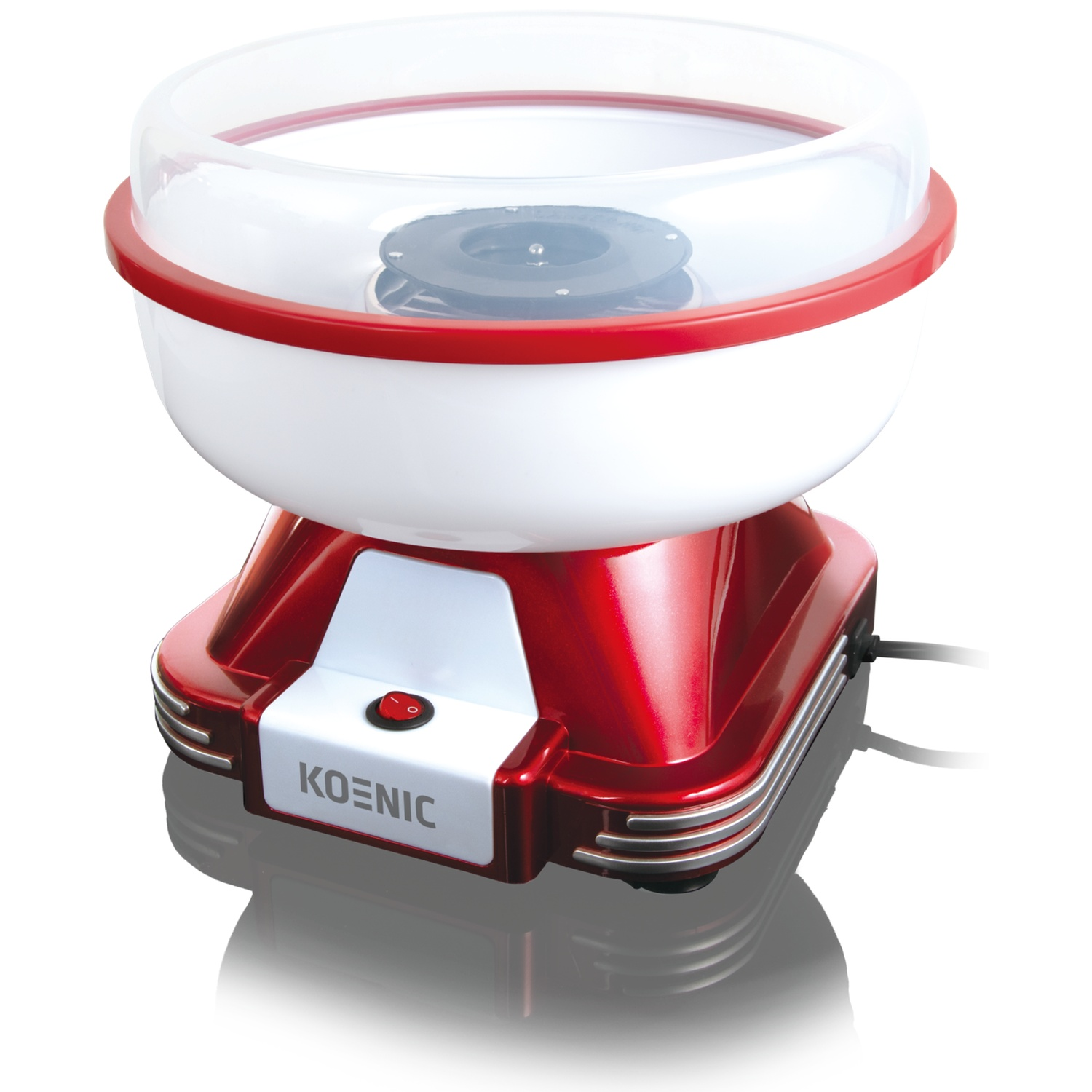 A red and white cotton candy machine with a transparent dome. It has a red rim and base. The brand name is Koenic.