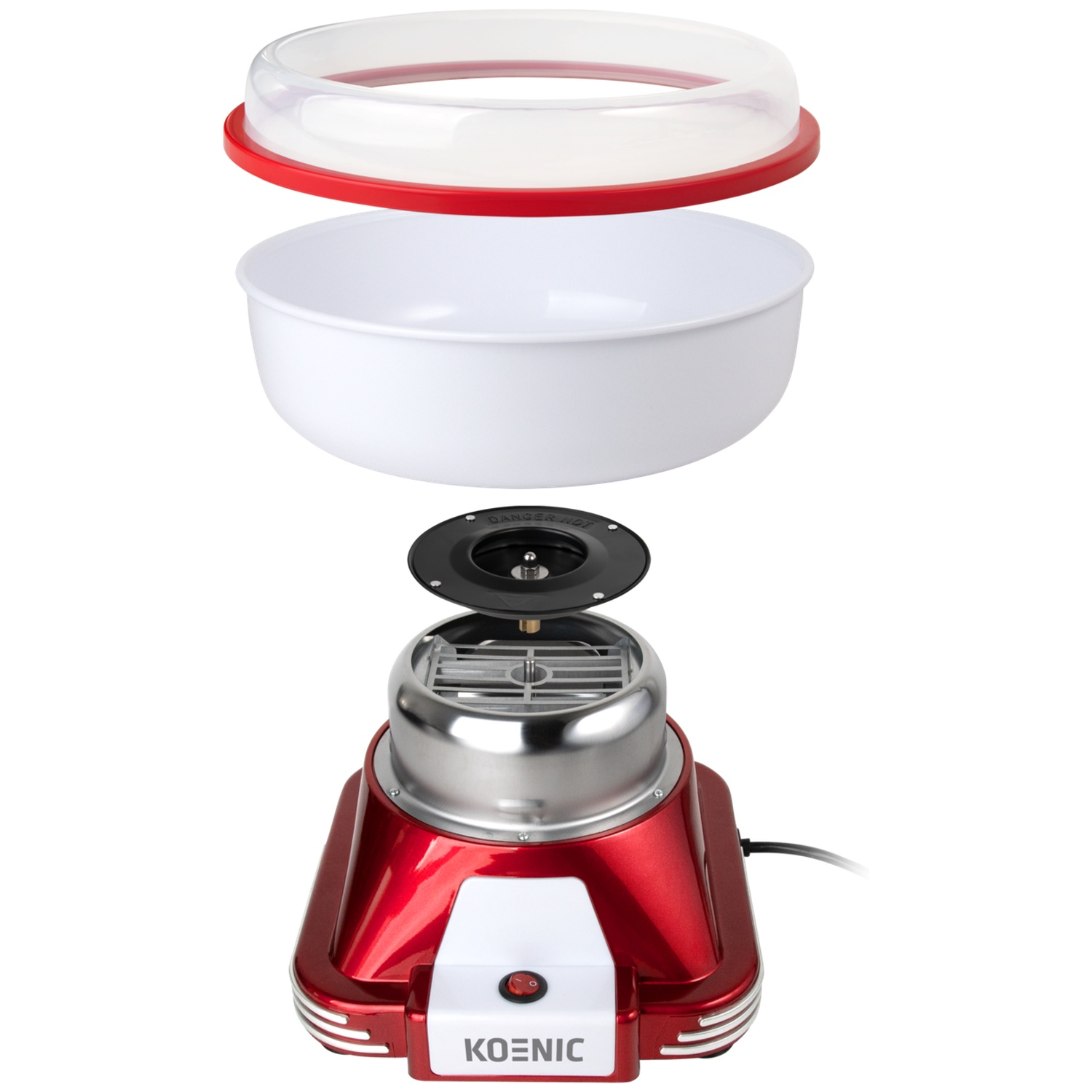 Cotton candy maker disassembled: red base, white bowl, clear lid with red ring. Stainless steel top with a heating element.
