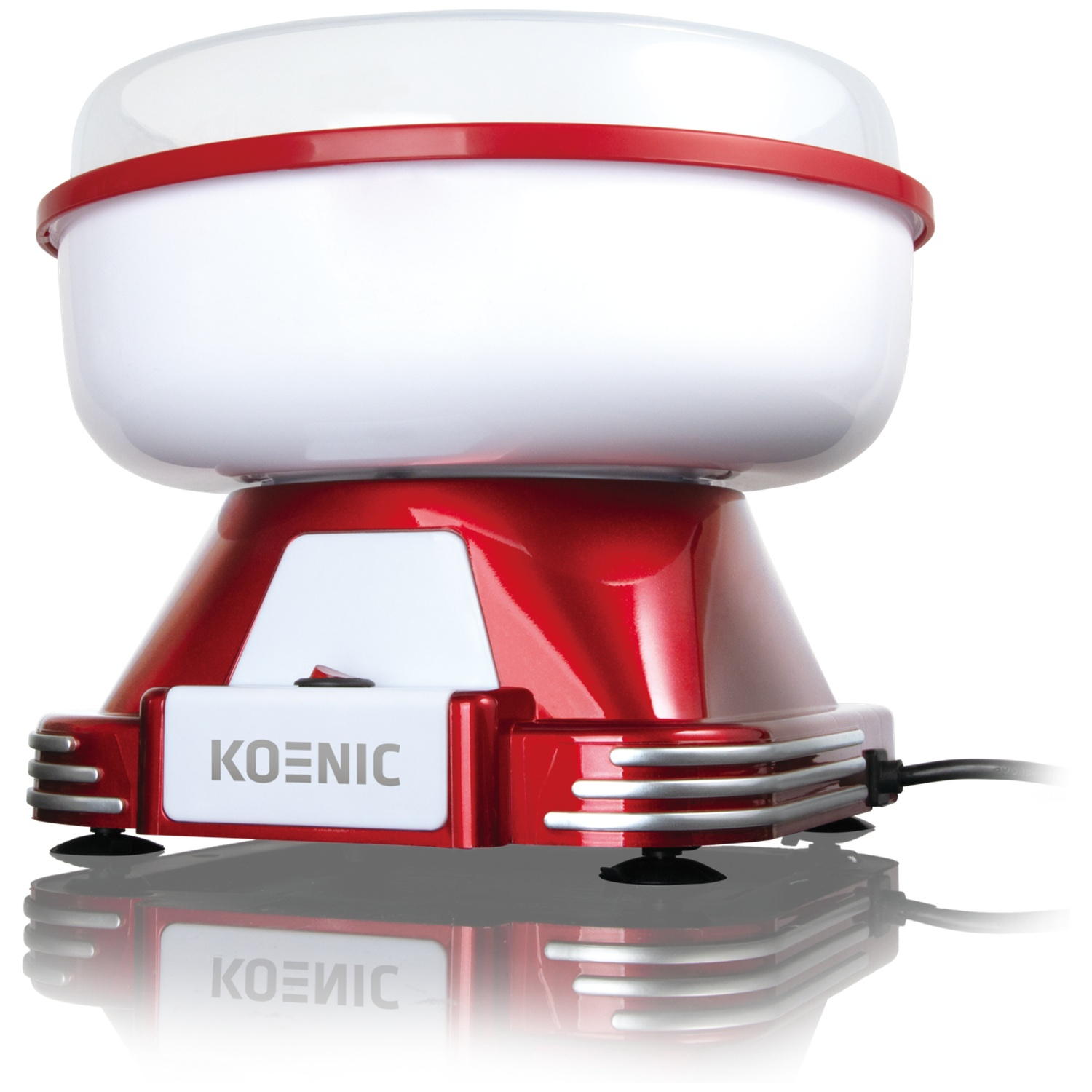 A red and white cotton candy maker with the brand name 'KOENIC' on it. It has a clear dome and a red base.