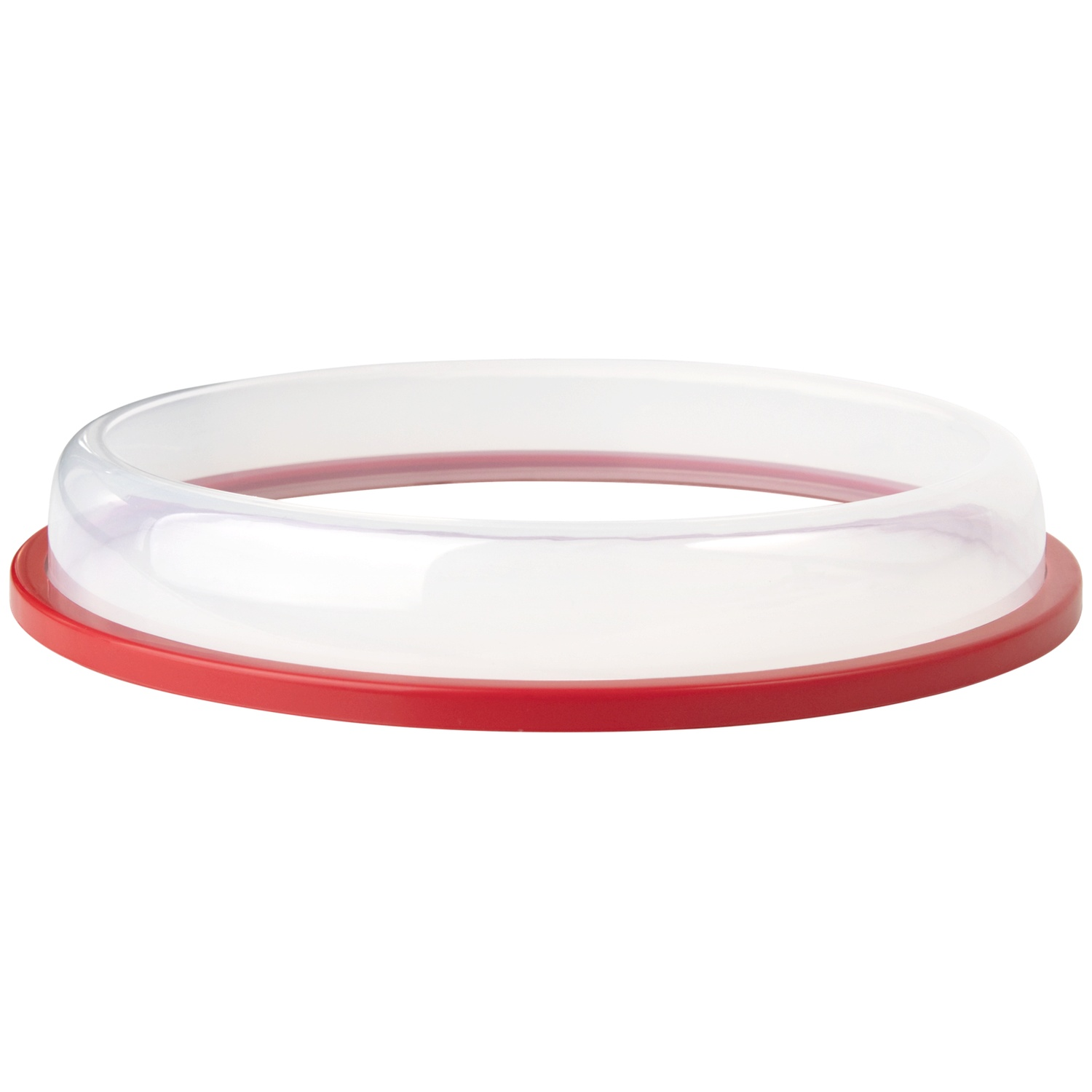 A clear, rounded plastic food cover sits on a red base. It is a dome-shaped cover, with a red ring at the bottom.