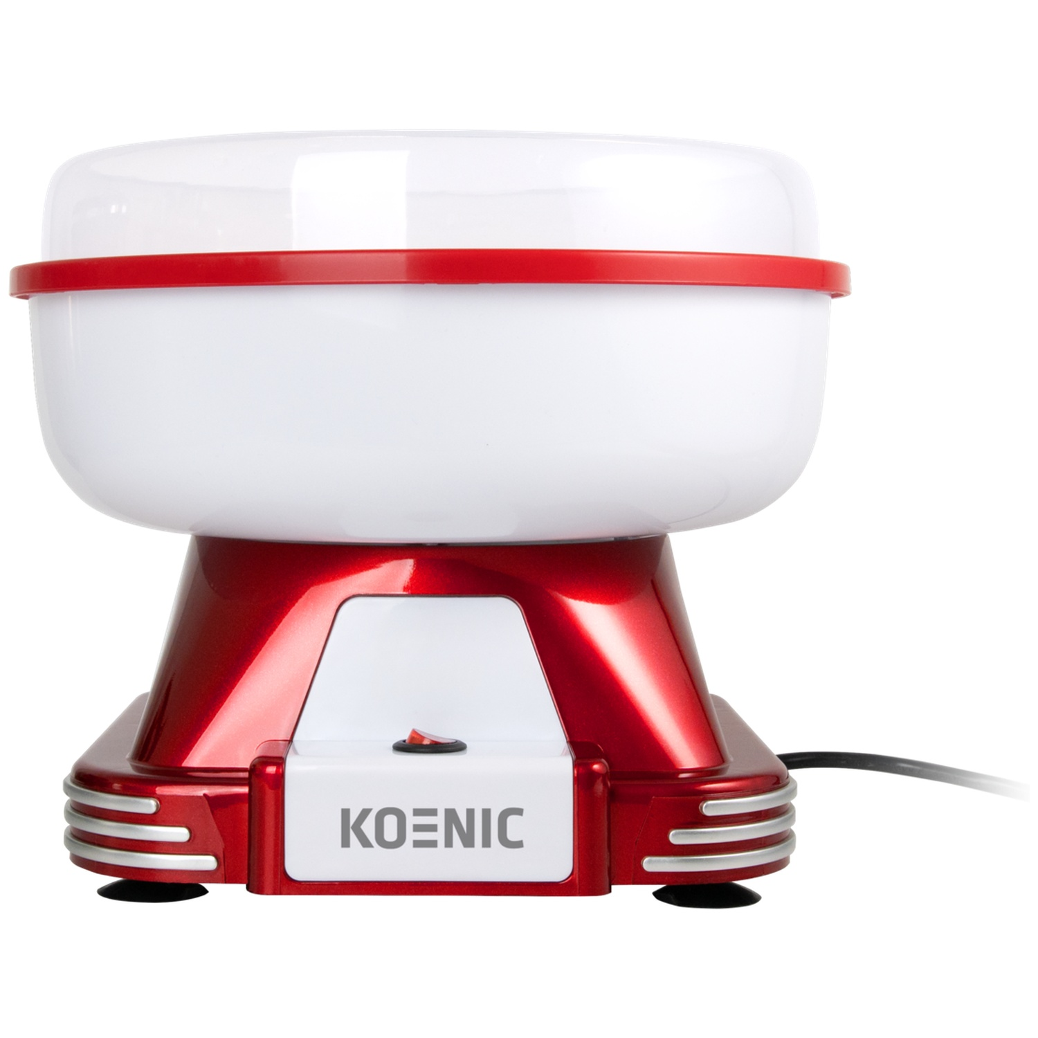 A red and white cotton candy maker. It has a white bowl with a red rim and a red base with a white front panel.