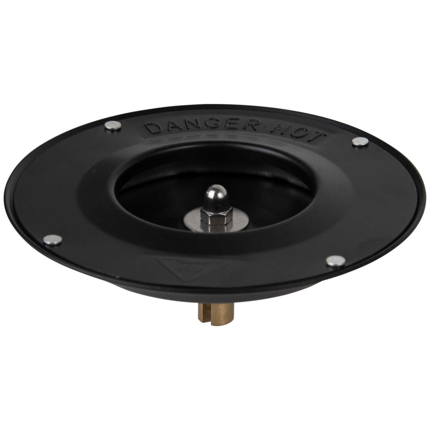 A black drain cover with 'DANGER HOT' text. It has a central opening, a chrome ball, and a brass fitting. It's on a white background.