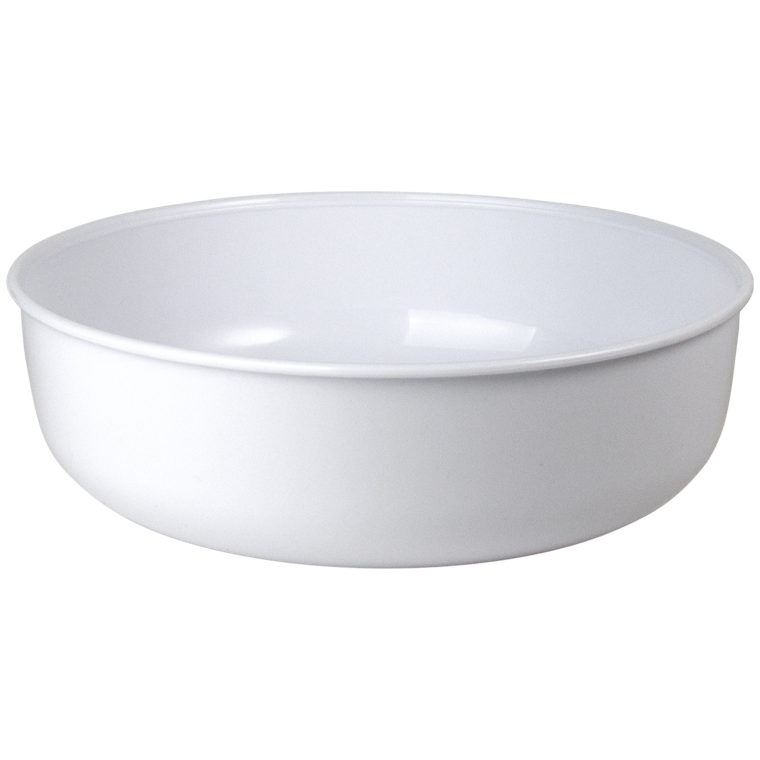 A white, round bowl. It has a simple design and is set against a plain white background. The bowl is empty.