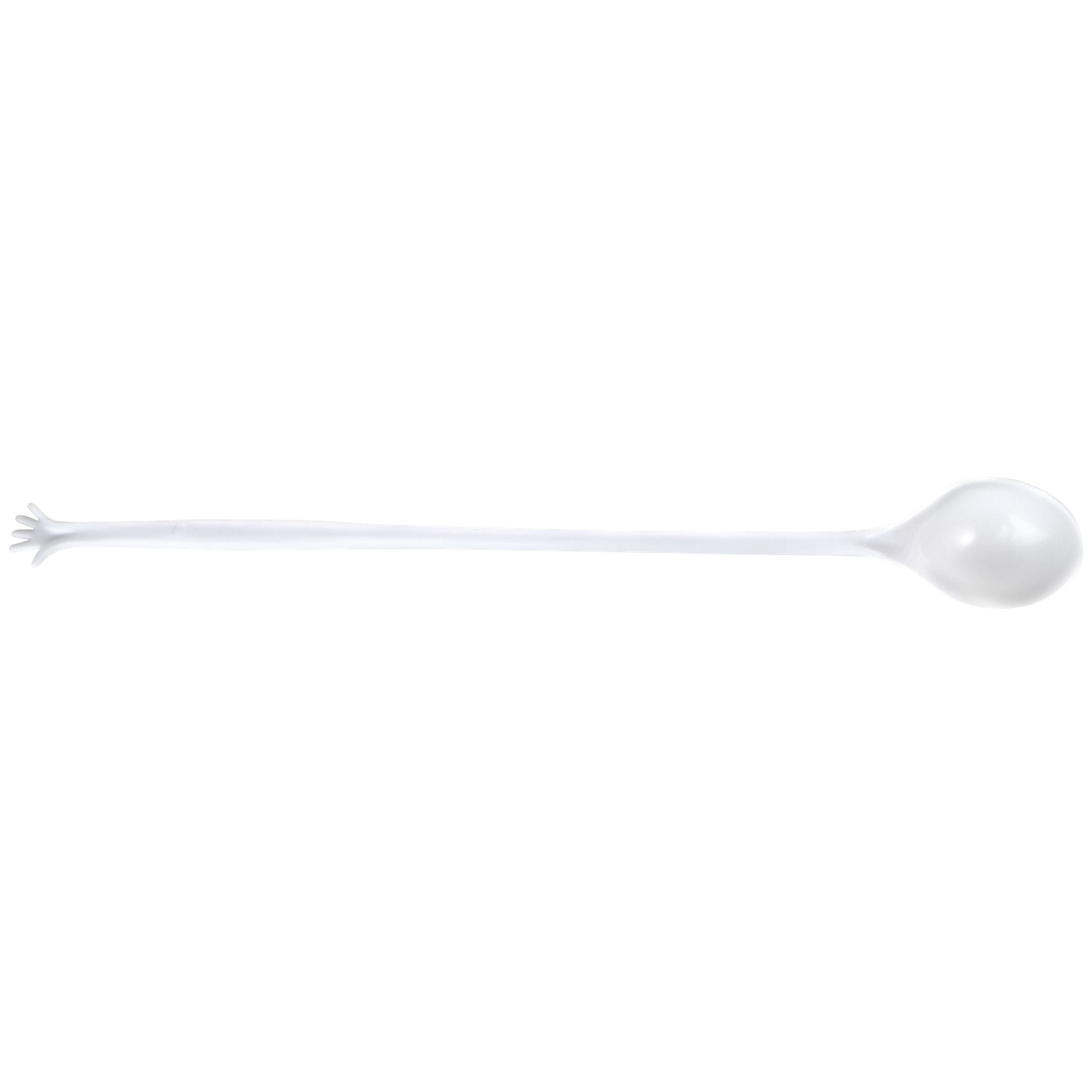 A white, long-handled spoon. One end has a hand shape, the other a round bowl. The background is plain white.