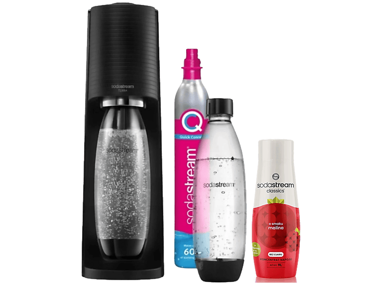 Saturator SODASTREAM Terra Black + nabój CO2 2 butelki Fuse 1L syrop malinowy 440ml Czarny